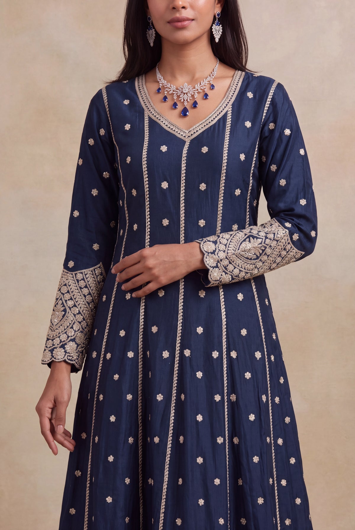 Navy Blue Raw Silk Anarkali Set