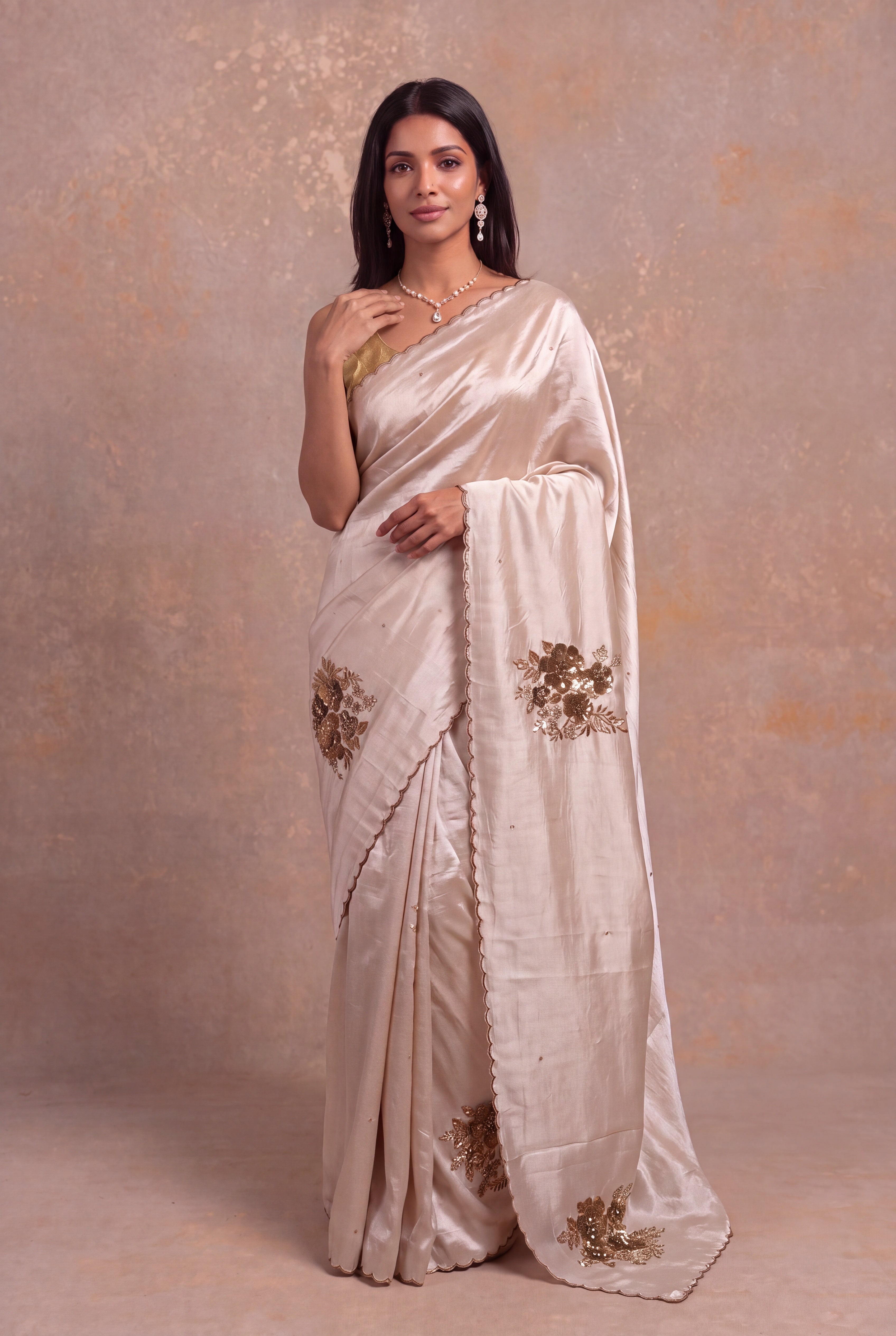 Ivory Silk Saree with Antique Sequin & Bead Floral Work