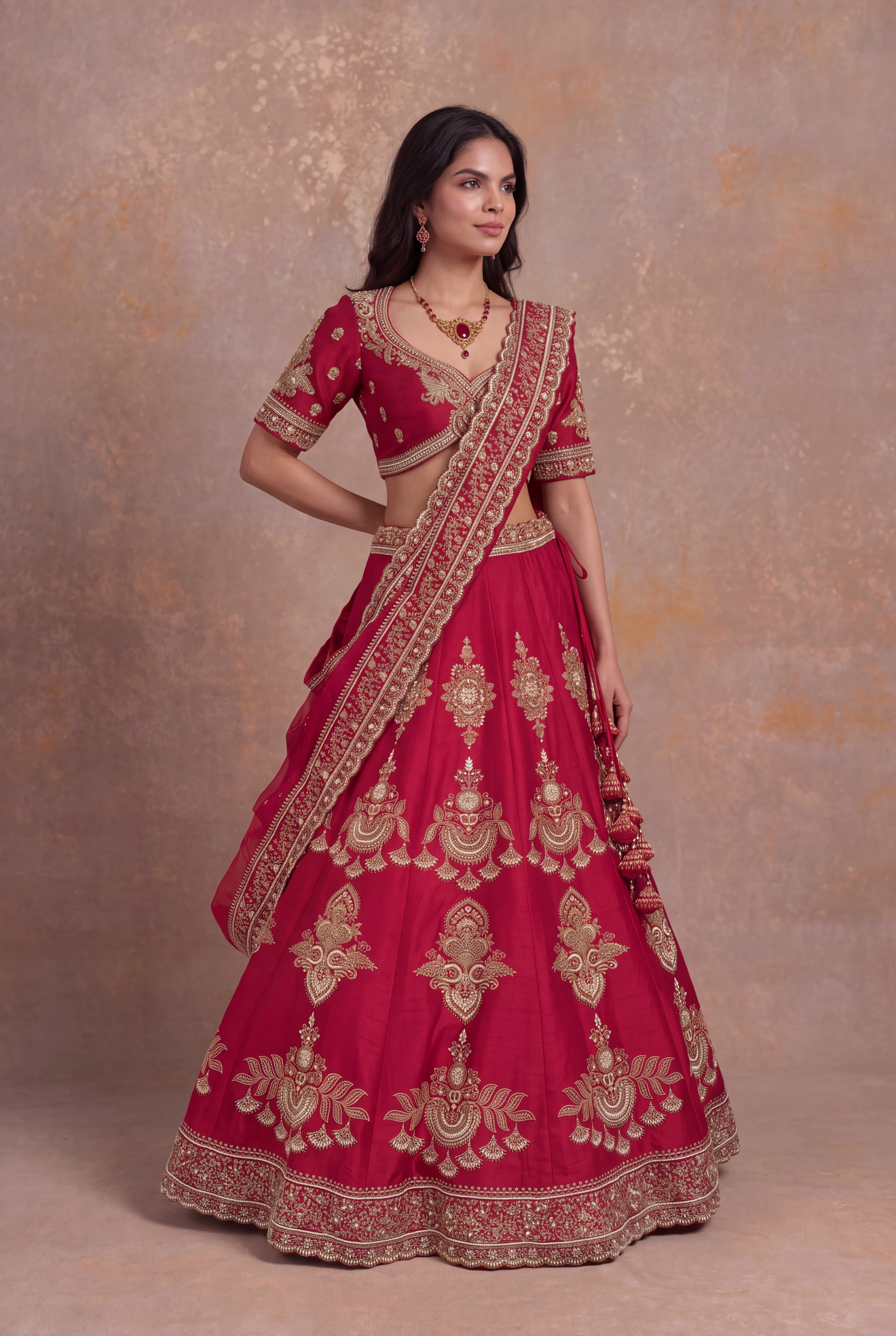 Red Raw Silk Bridal Lehenga with Antique Gold Zardozi Embroidery