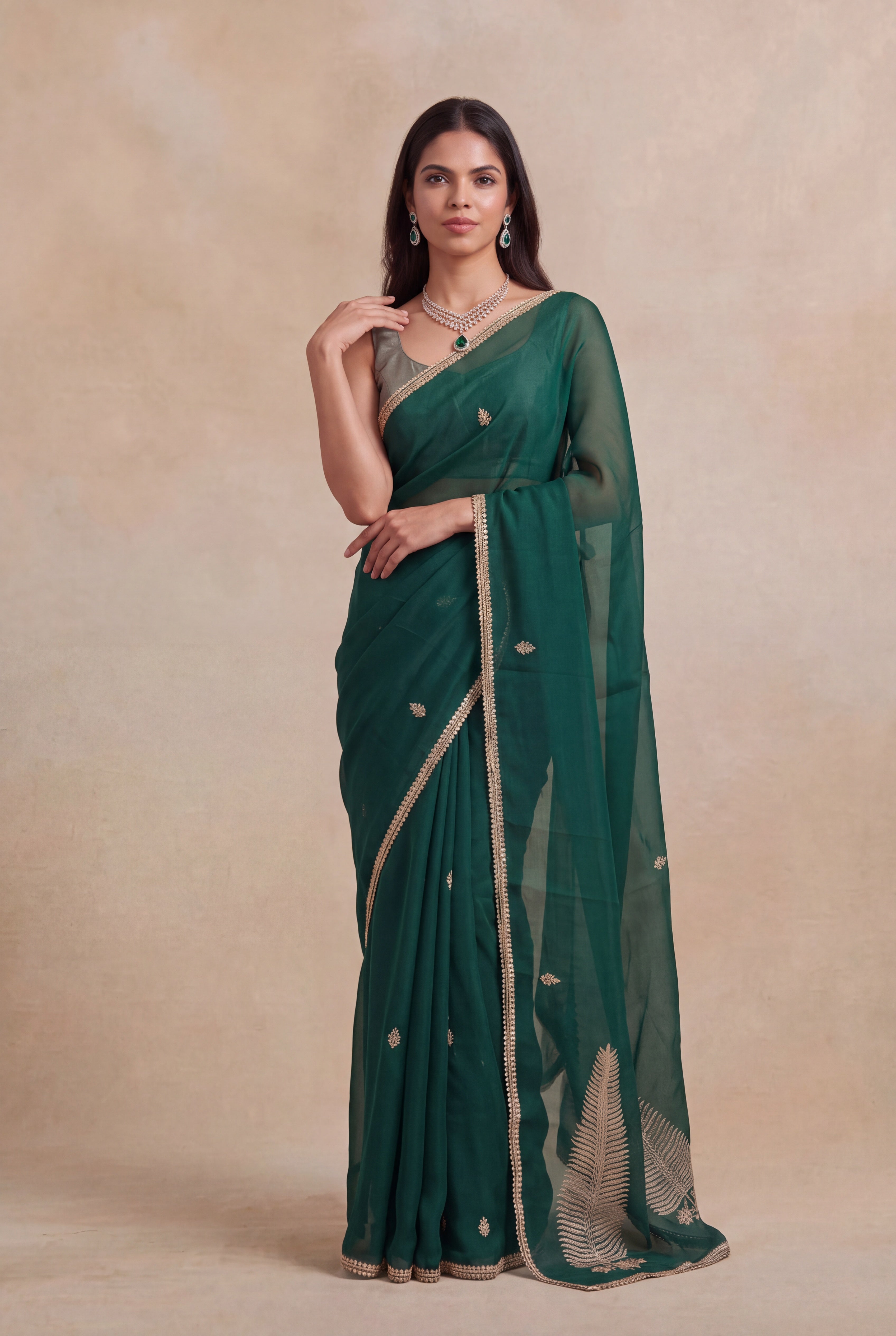 Emerald Green Organza Saree with Gold Sequin Work