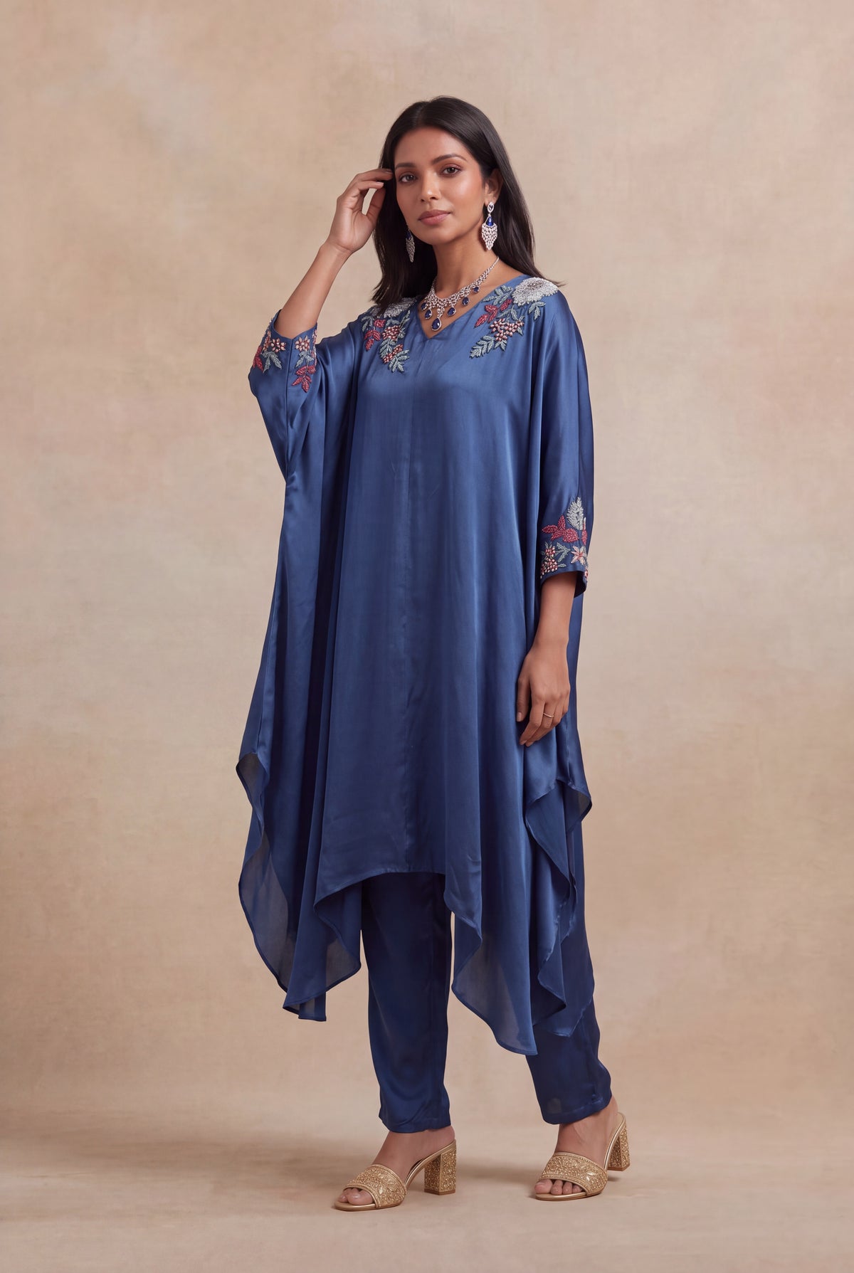Blue Satin Silk Indo-Western Set