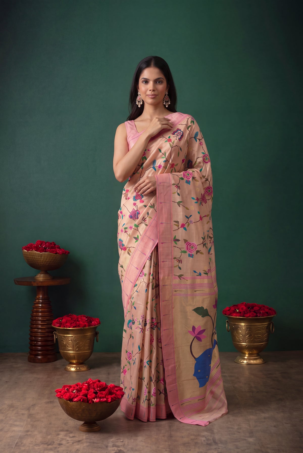 Peach Tissue Paithani Saree with Convent Embroidery and Contrast Pink Border