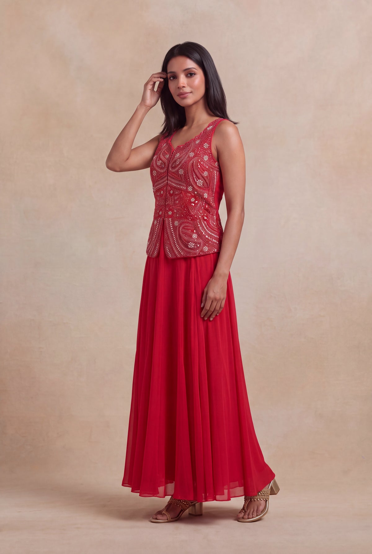 Red Sequins & Katdana Embroidered Jacket Gown