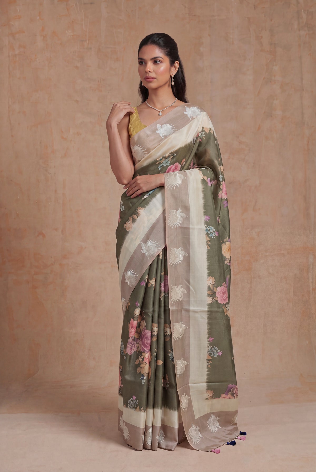 Olive Green Tussar Silk Saree