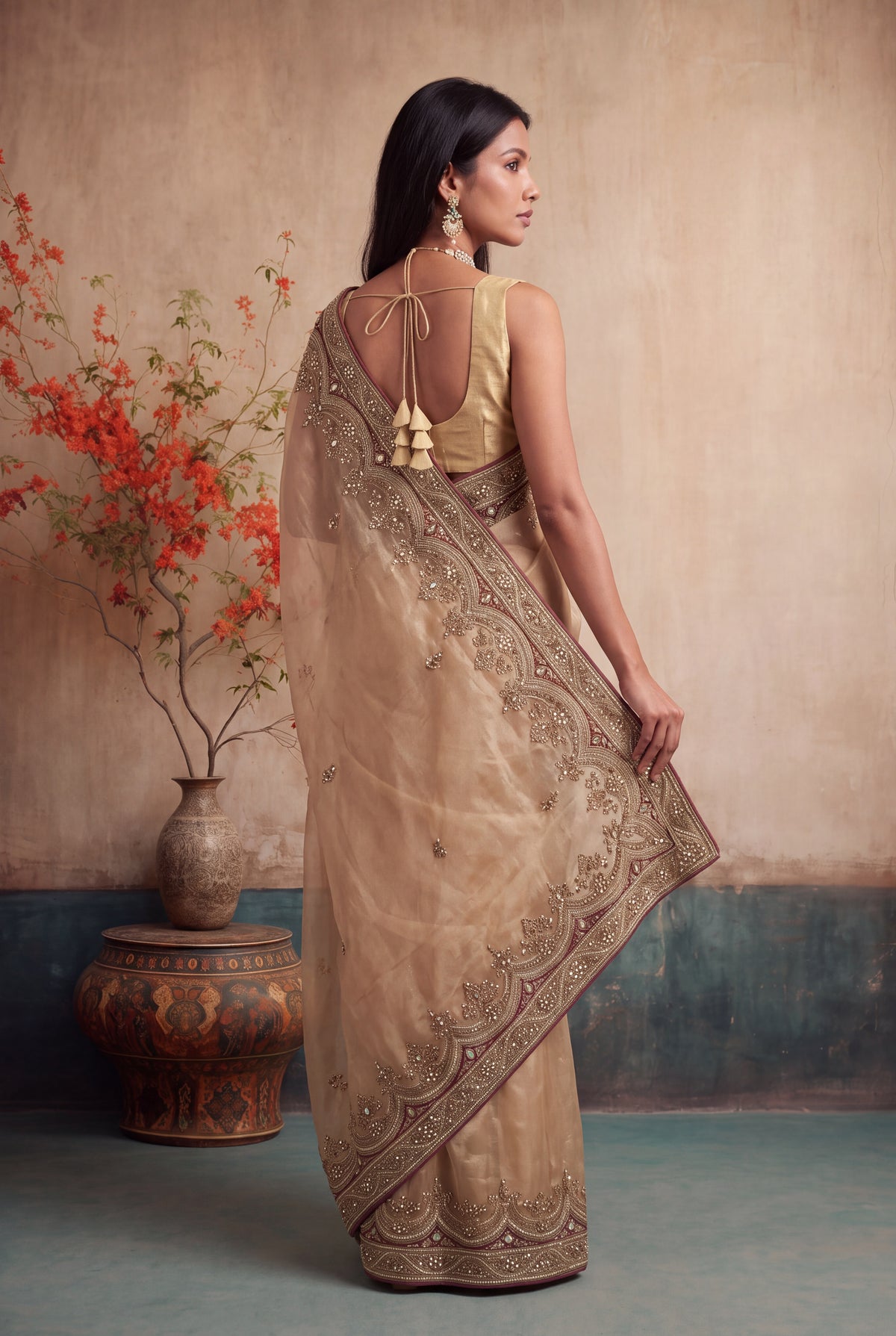 Gold Tissue Organza Zardosi Saree