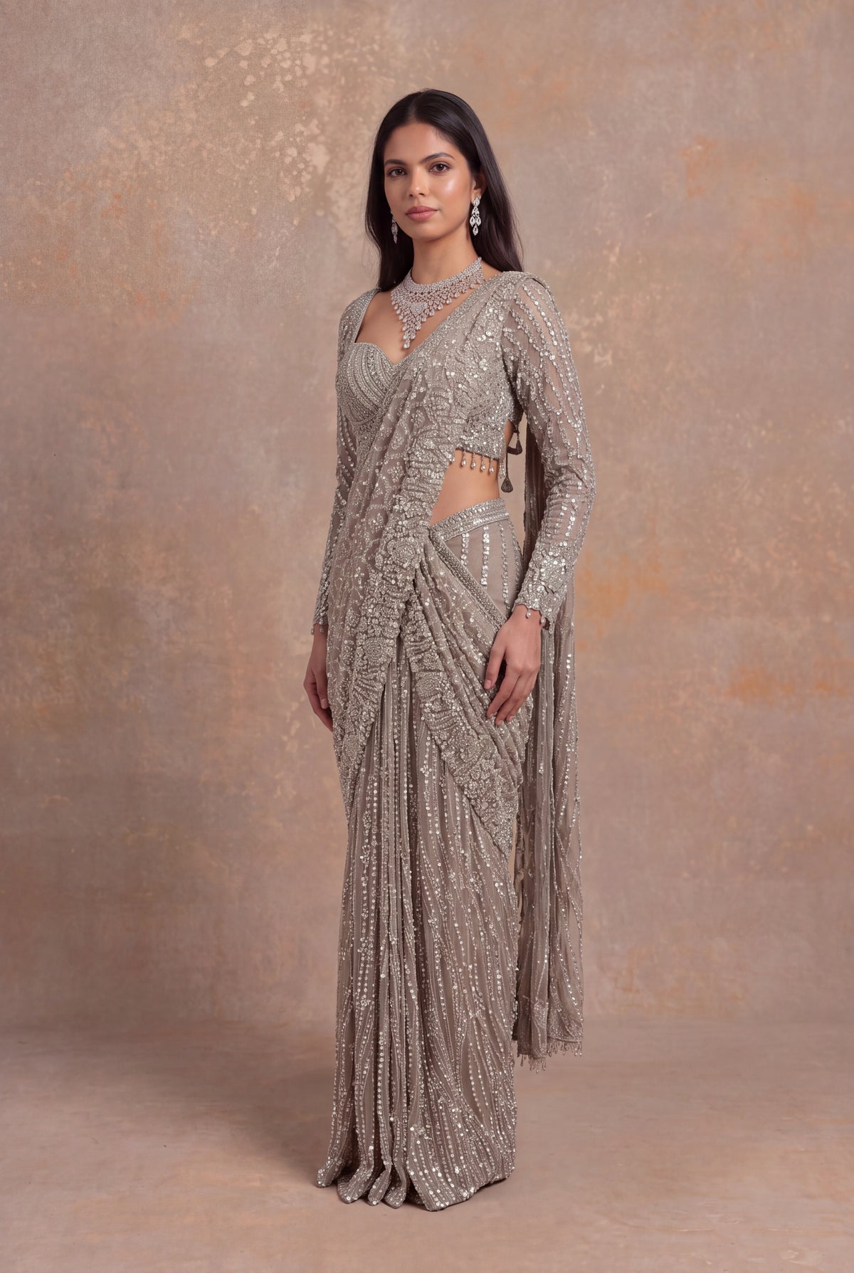 Rose Gold Embellished Net Pre-Draped Saree