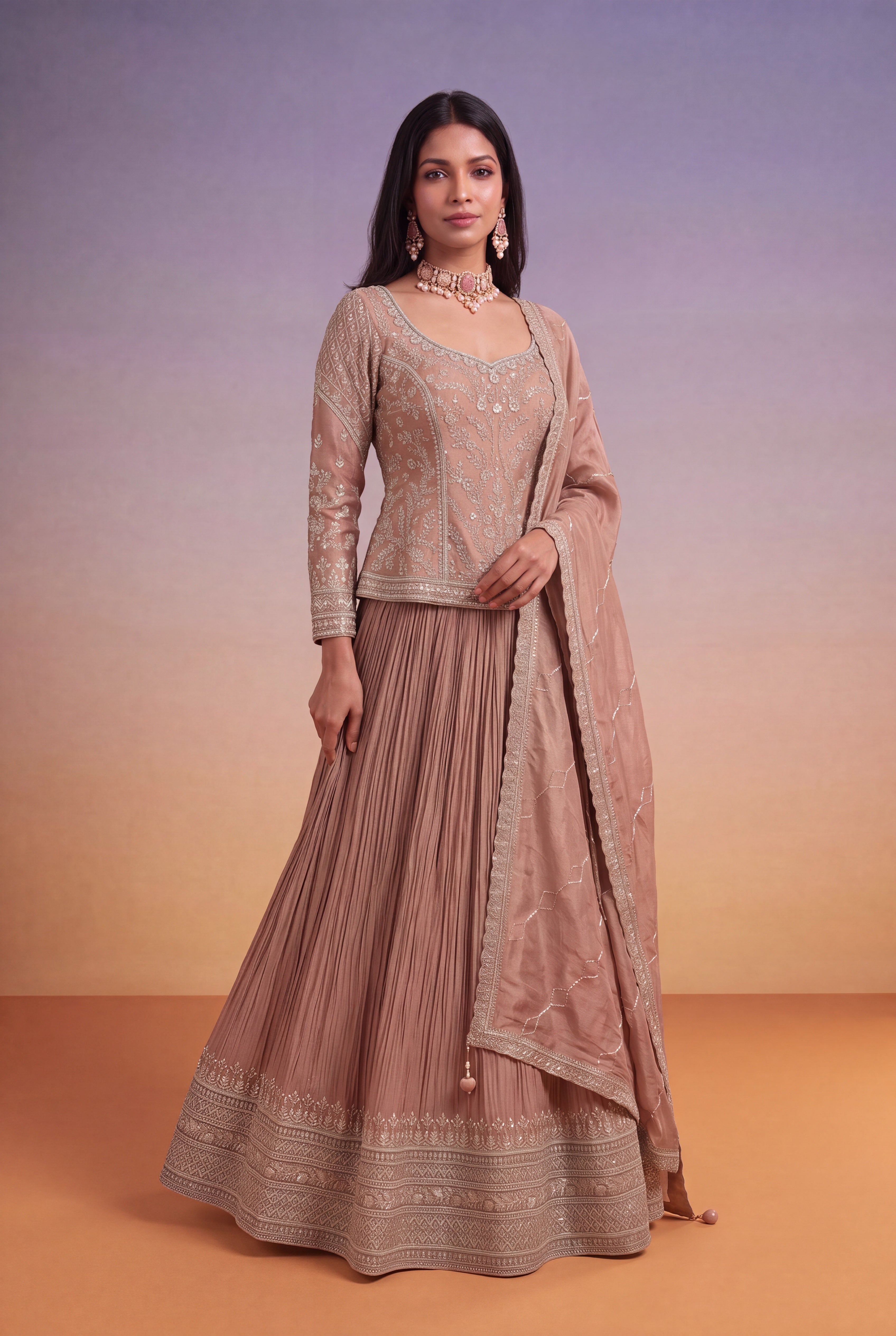 Mauve Chinon Lehenga with Zari-Embroidered Tissue Silk Top