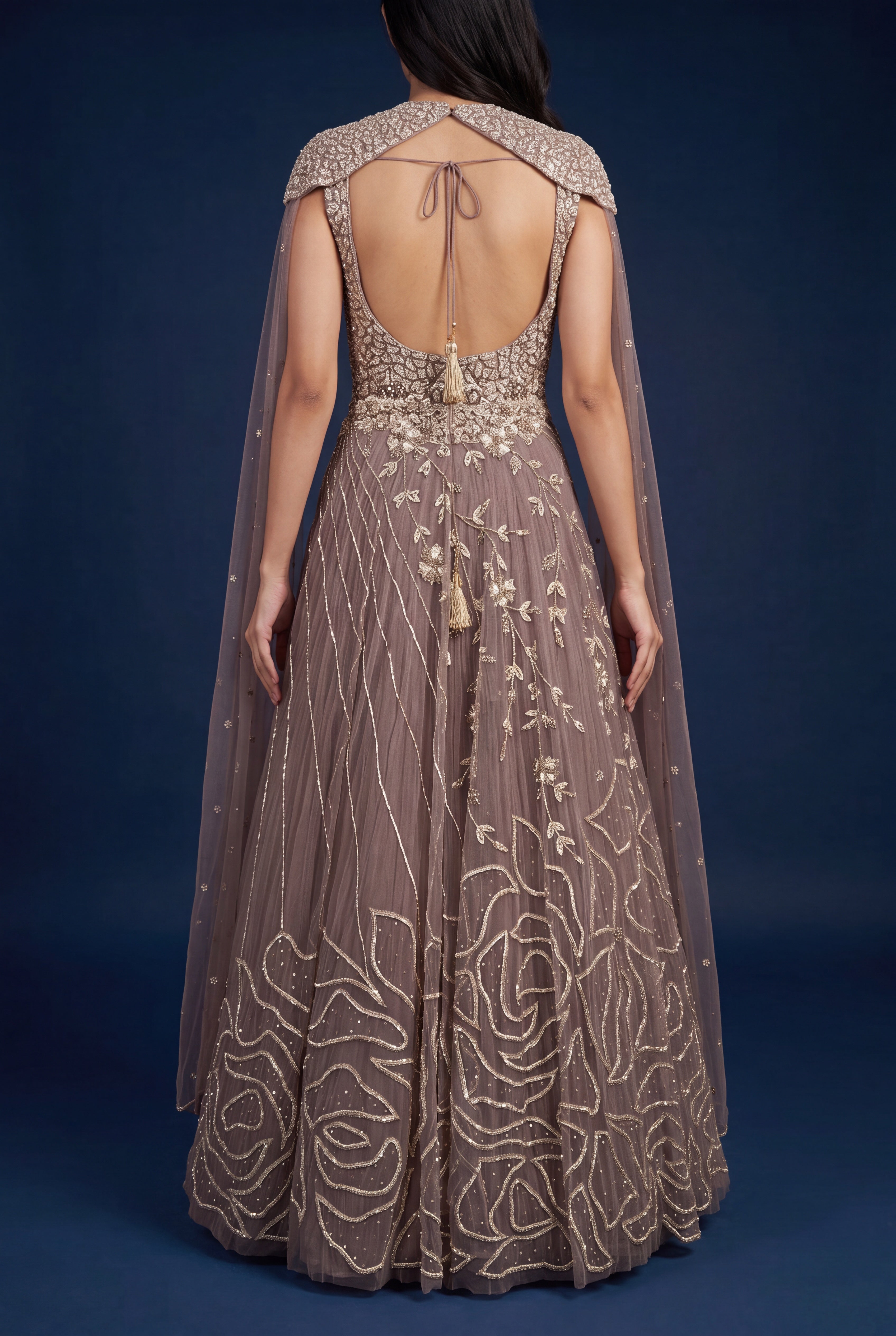 Mauve Net Gown with Cape Sleeve Drape and Rose Embroidery