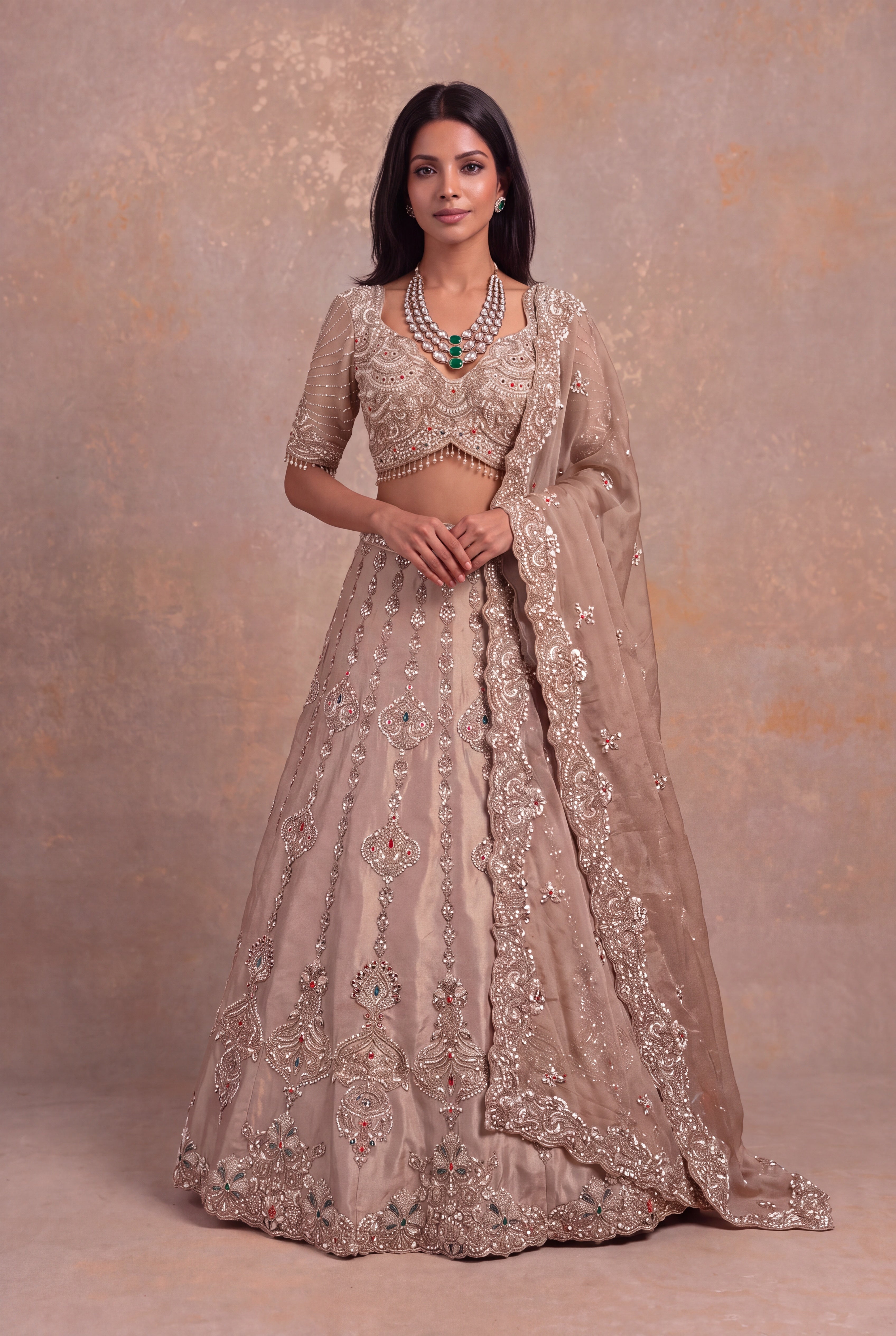 Golden Tissue Lehenga with Multicolour Kundan & Sequin Embroidery