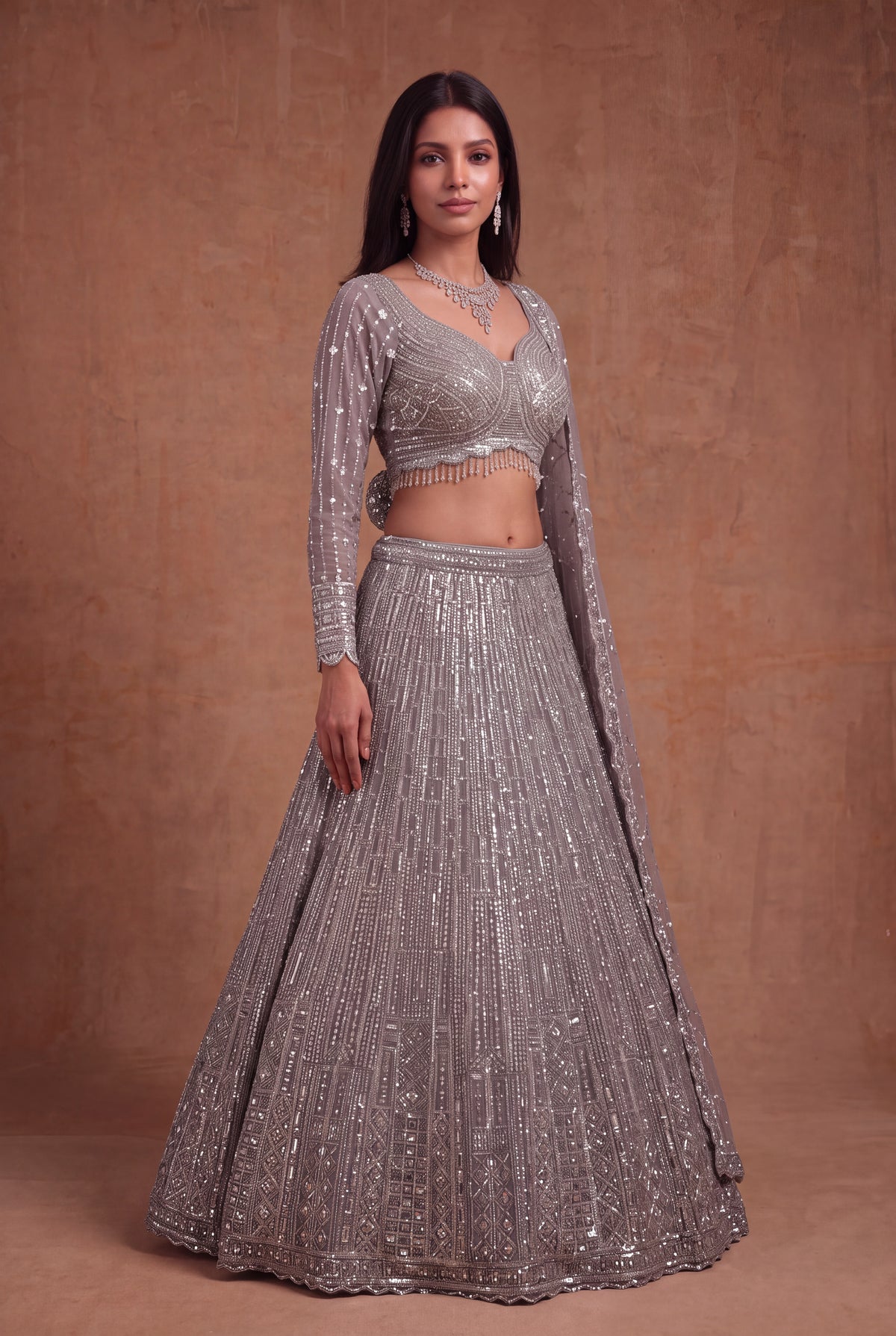 Silver Grey Net Lehenga