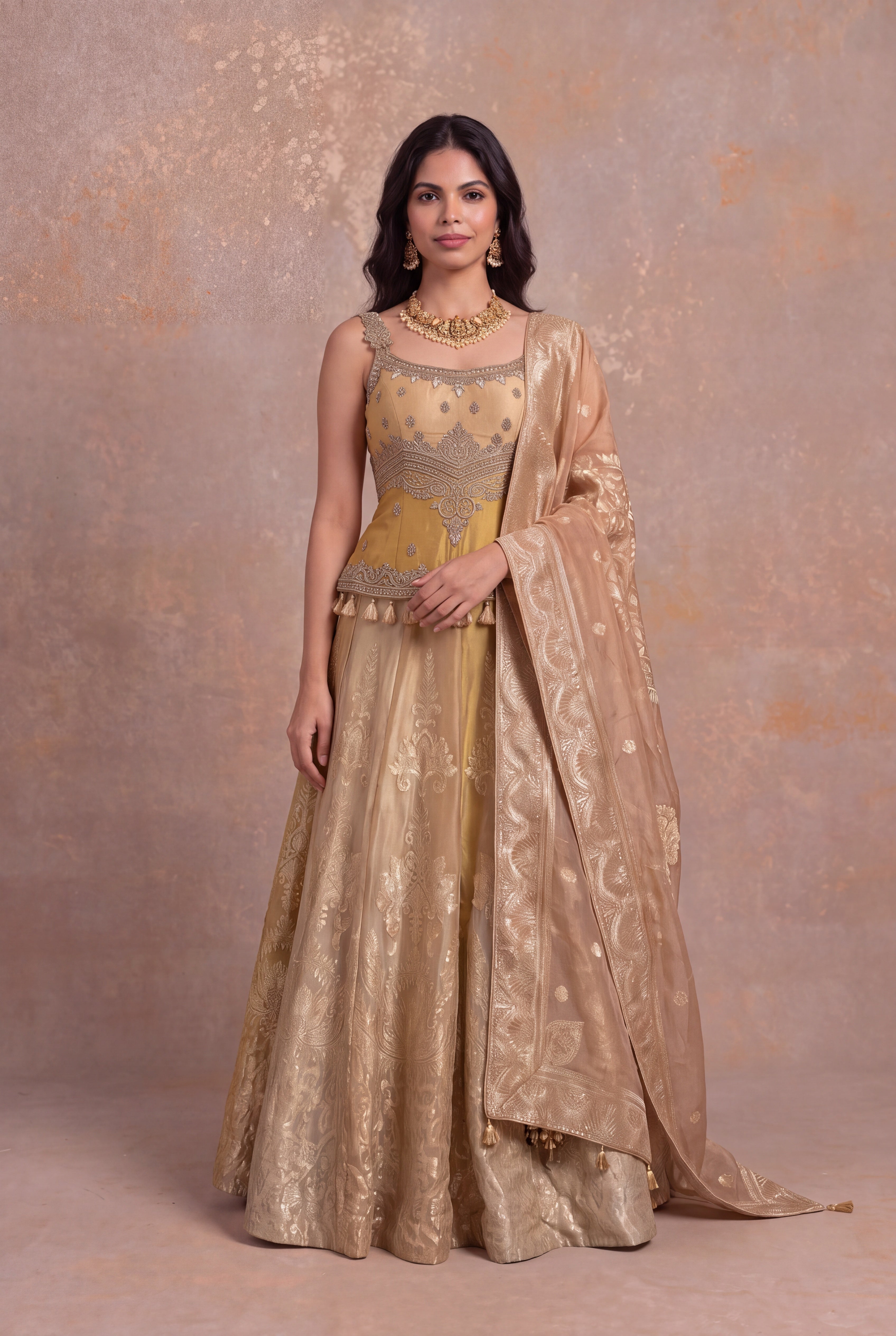 Gold Banarasi Tissue Lehenga with Zardosi & Pearl Work