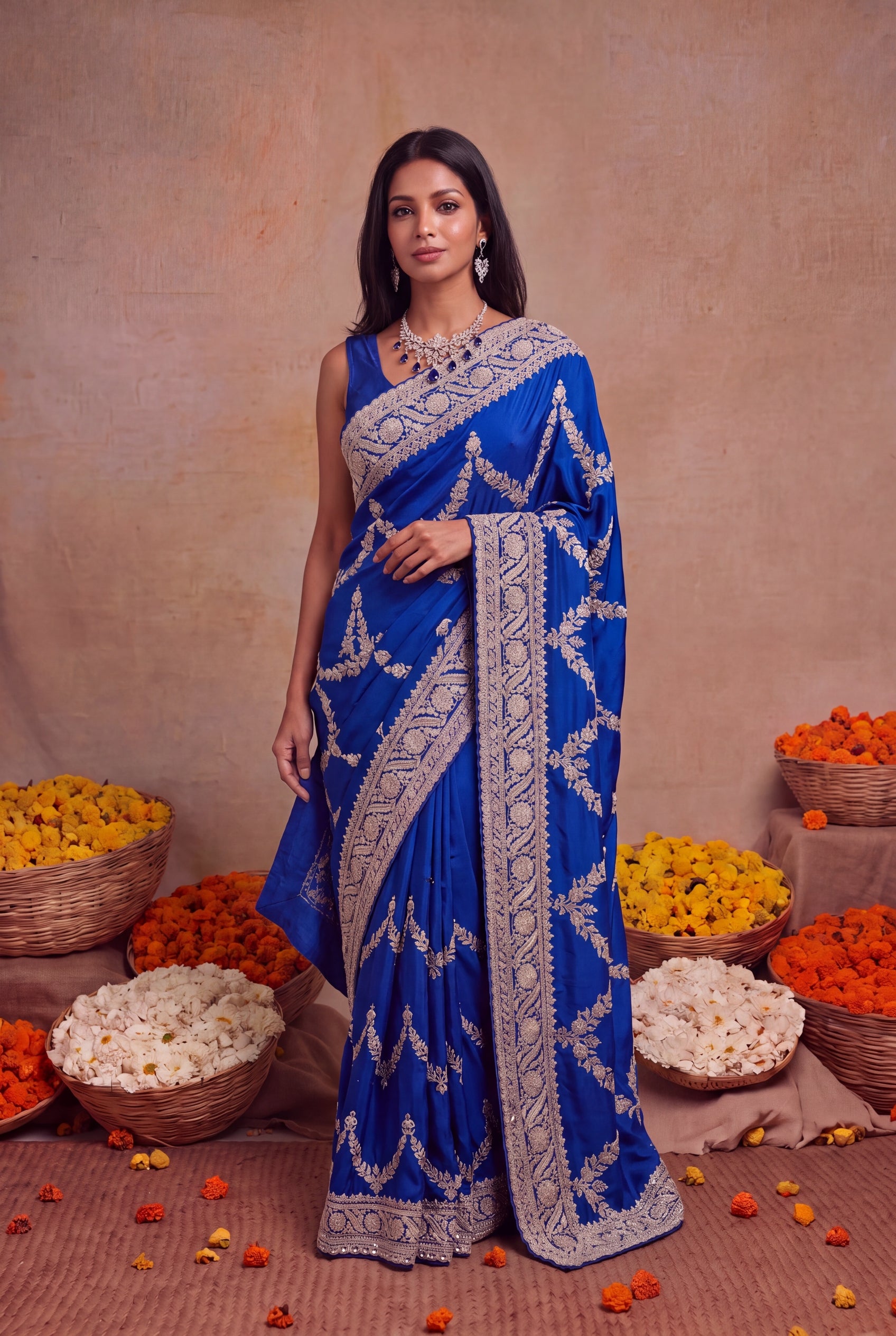 Ink Blue Satin Saree with Zardosi Embroidery