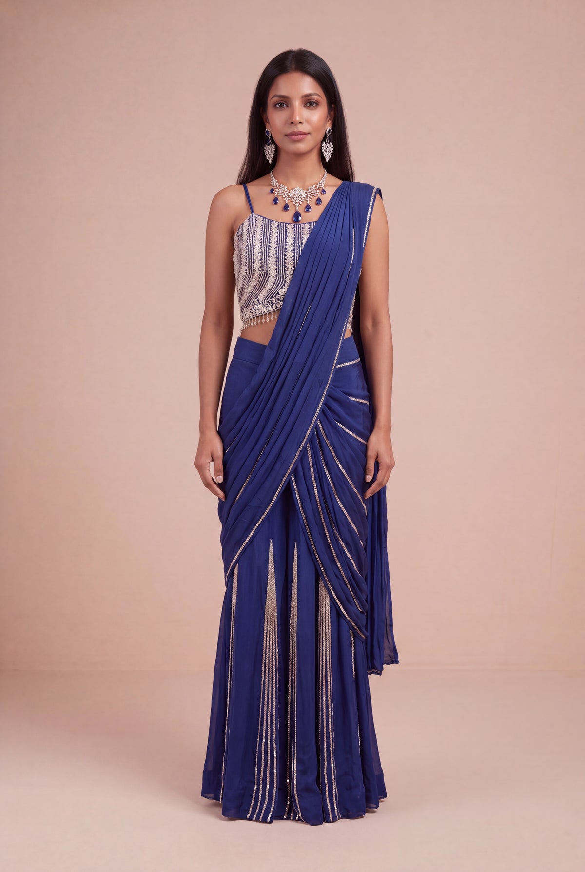 Royal Blue Chinon Crepe  Draped Saree