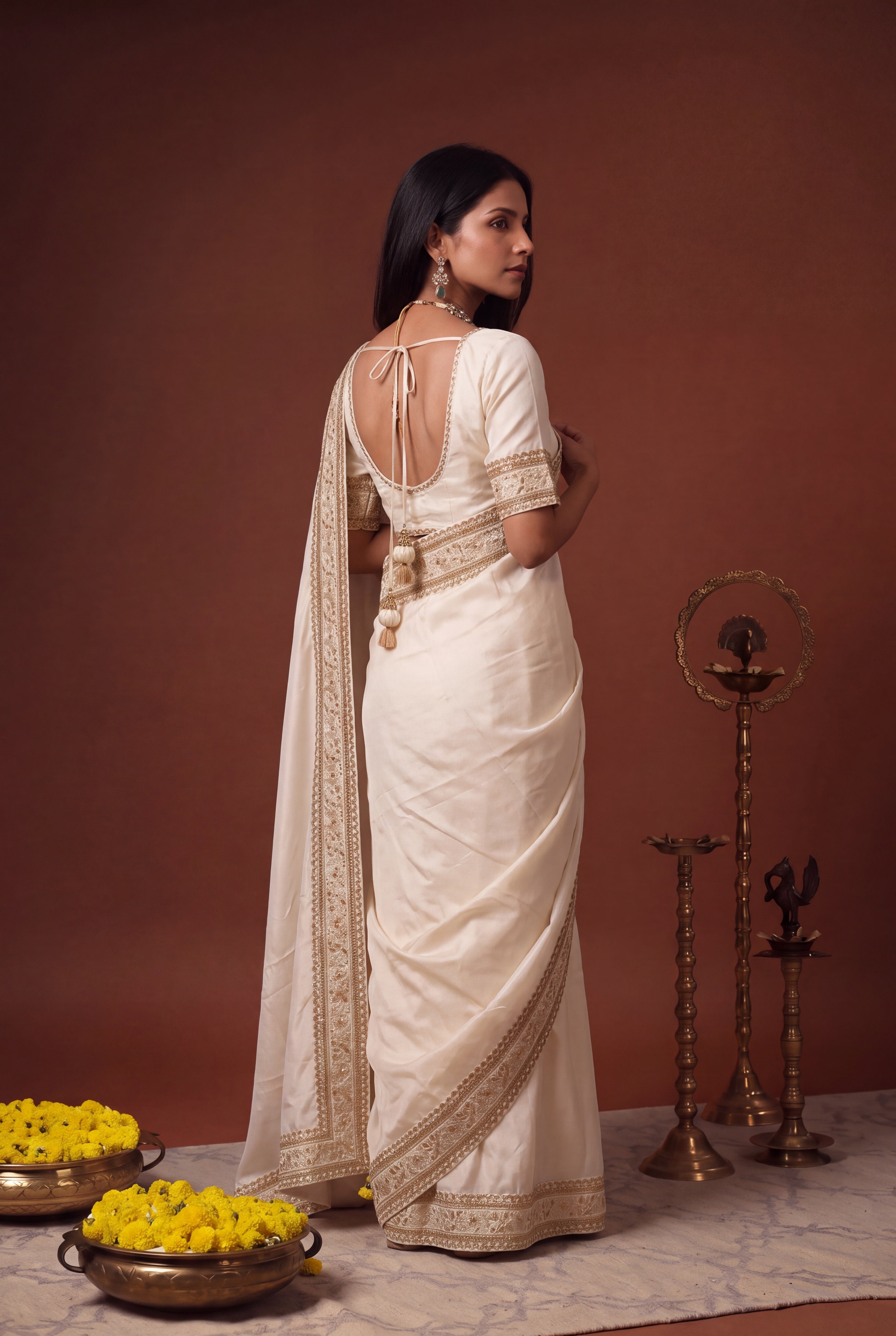 Ivory Satin Saree with Gold Sequin Embroidery