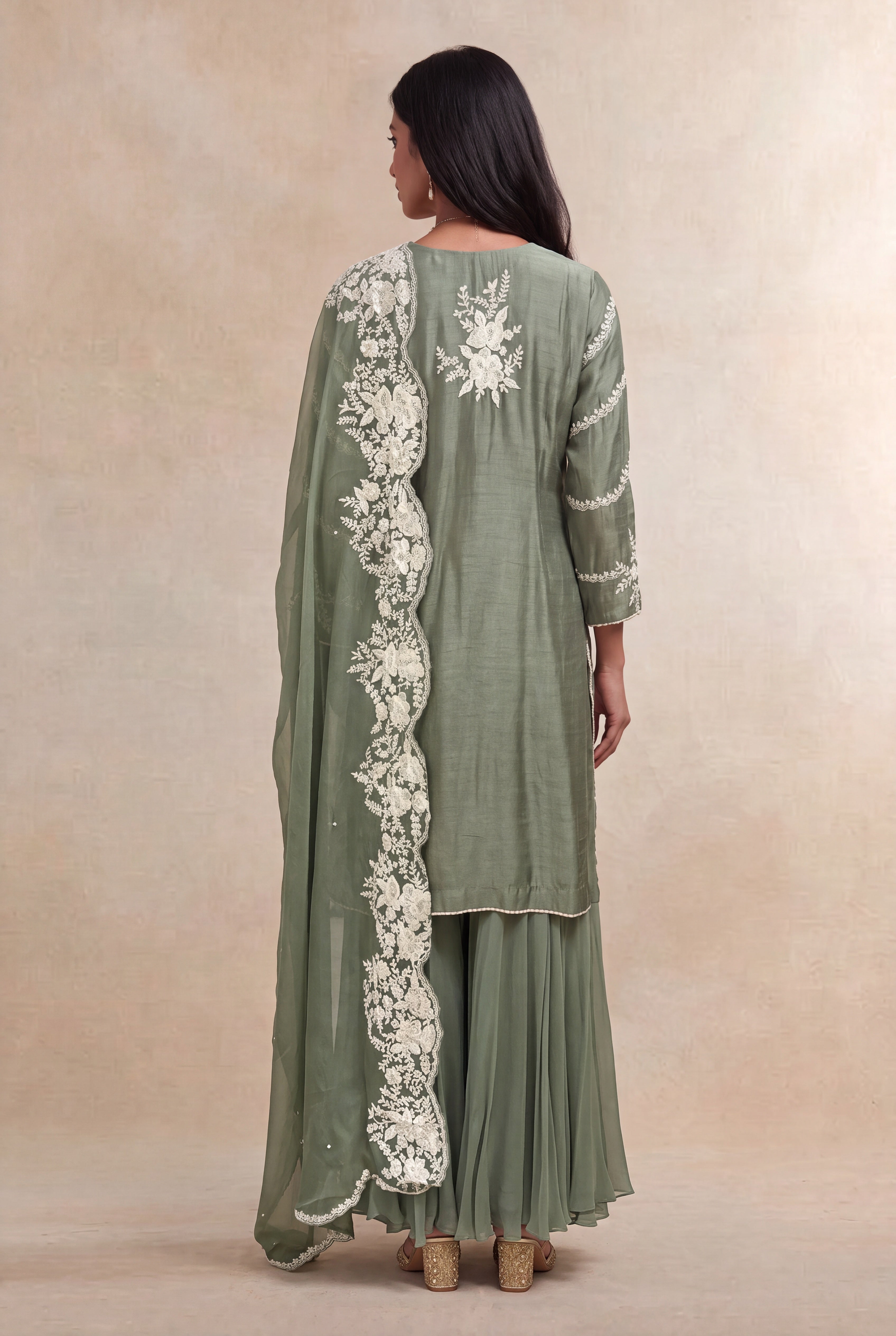 Sage Green Raw Silk Sharara Set with Pearl Embroidery