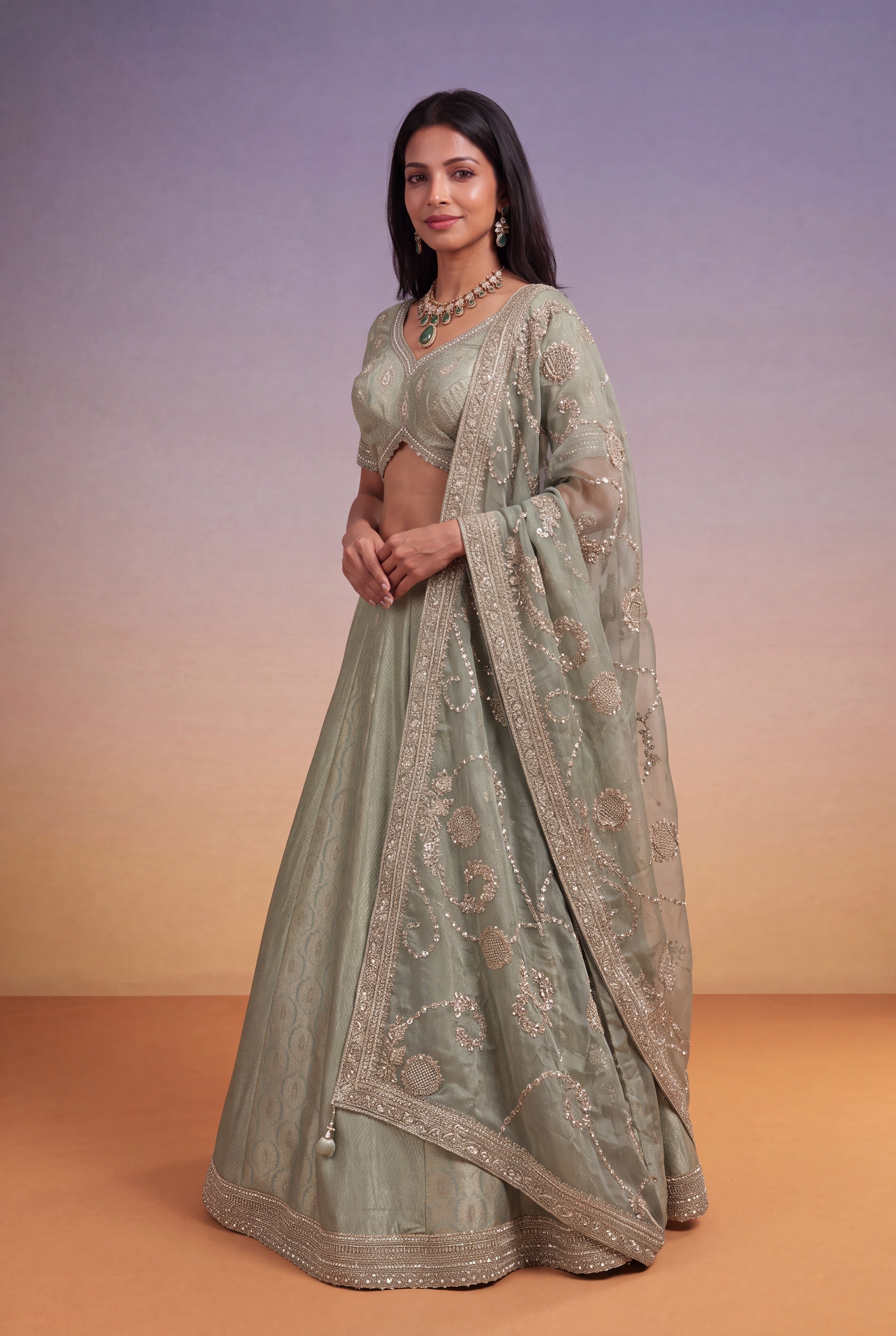 Sage Green Banarasi Silk Lehenga with Kutdana & Pearl Embroidery