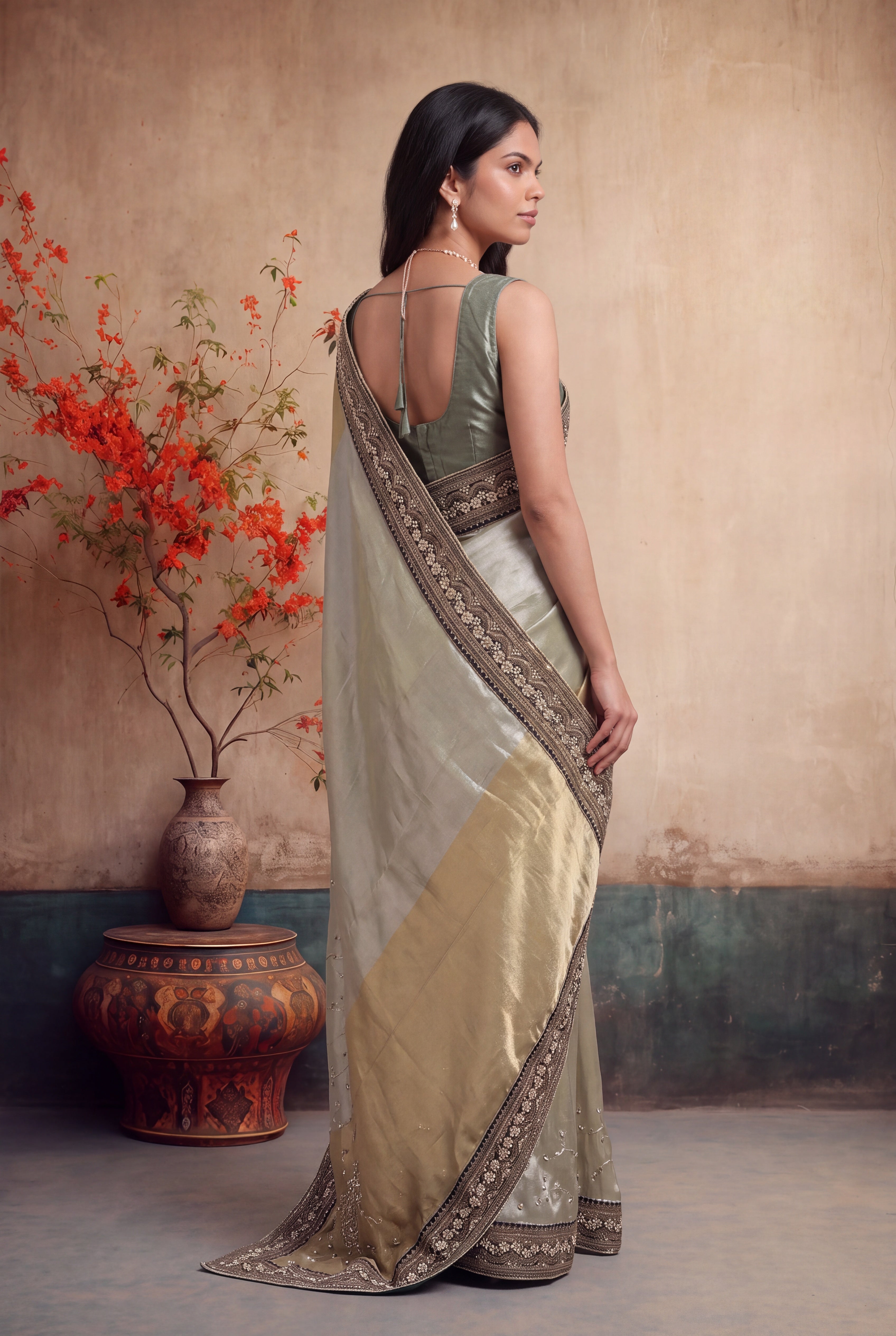 Pista Green & Gold Tissue Saree with Antique Border
