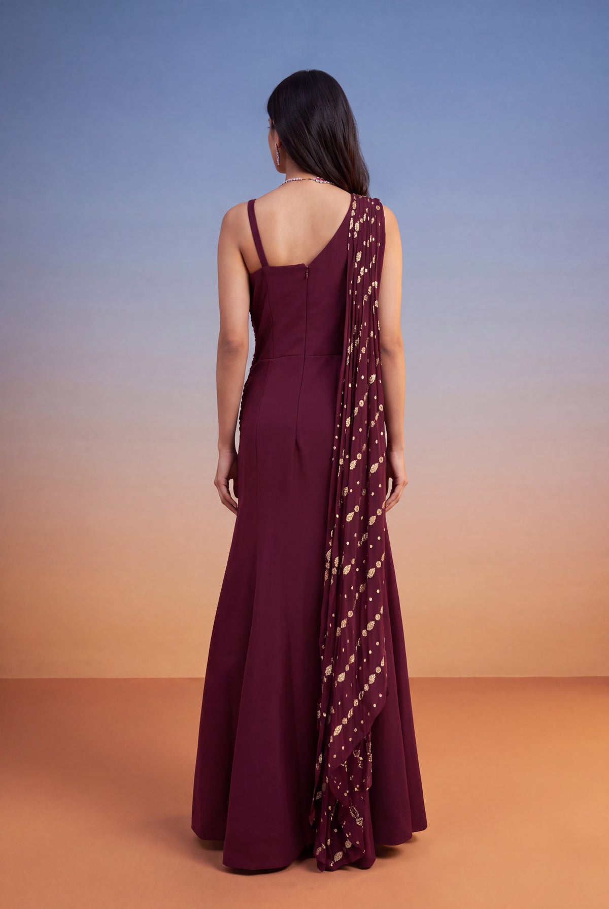 Wine Silk Banarasi Weave Western Gown
