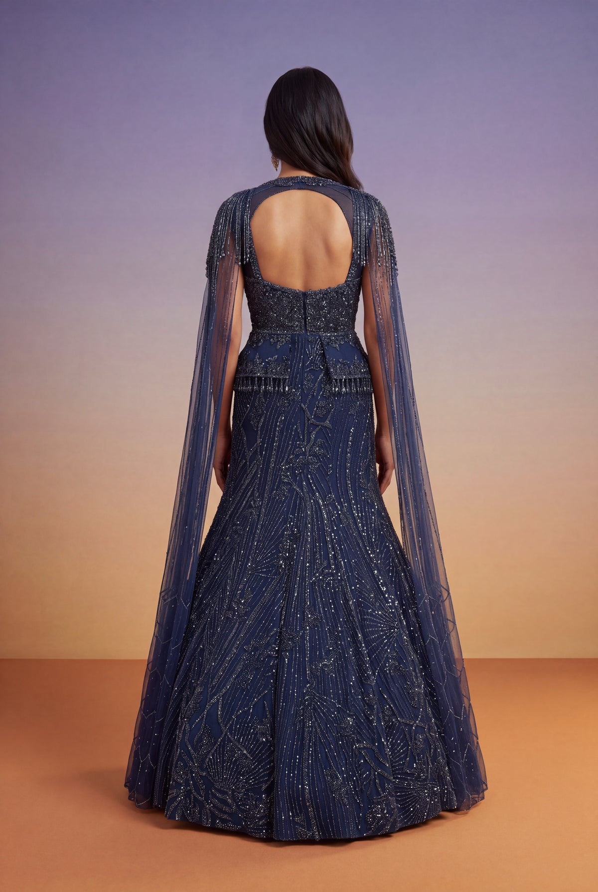 Navy Blue Embellished Fish-Cut Gown with Cape