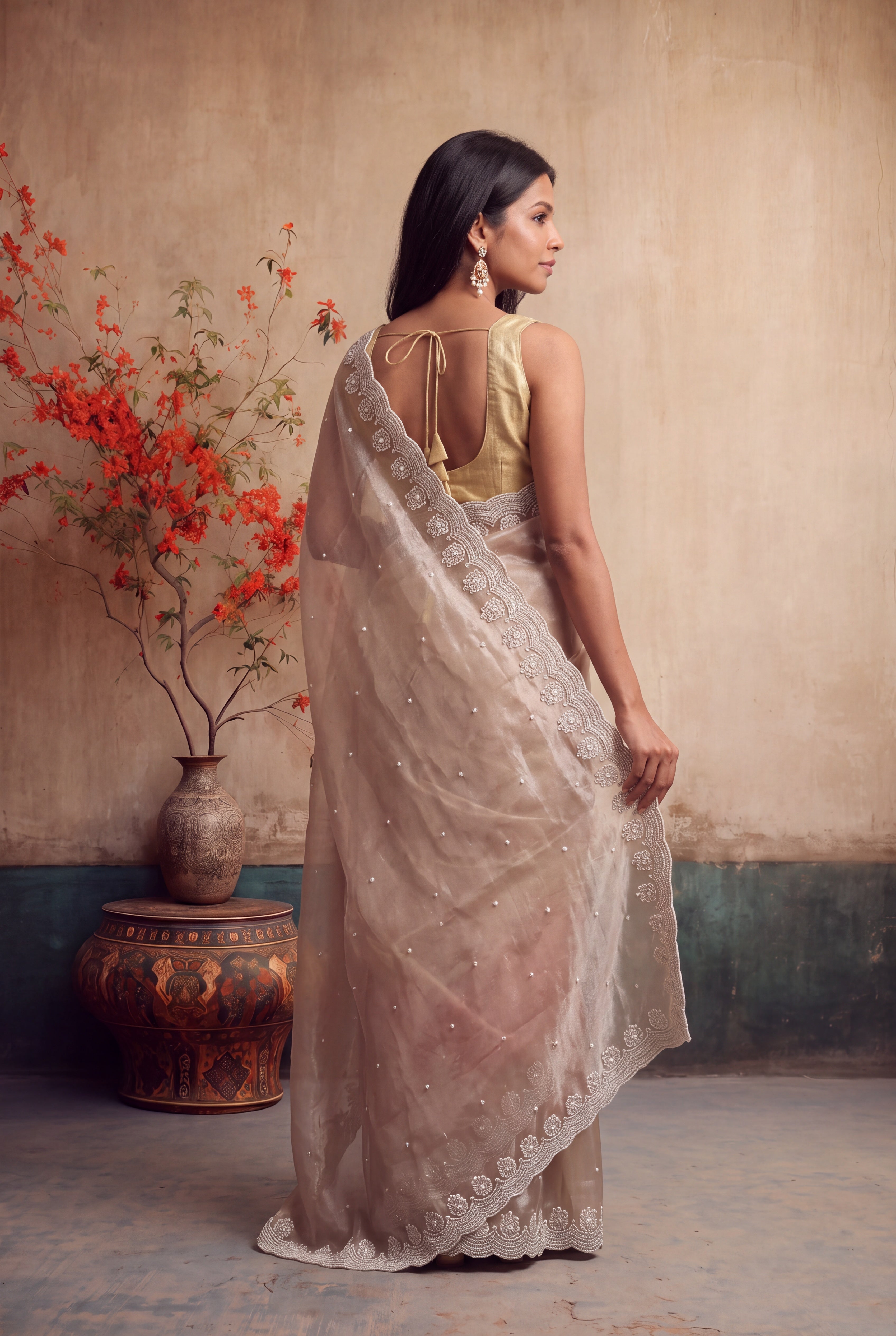 Shaded Glass Tissue Saree with Pearl Scallop Border