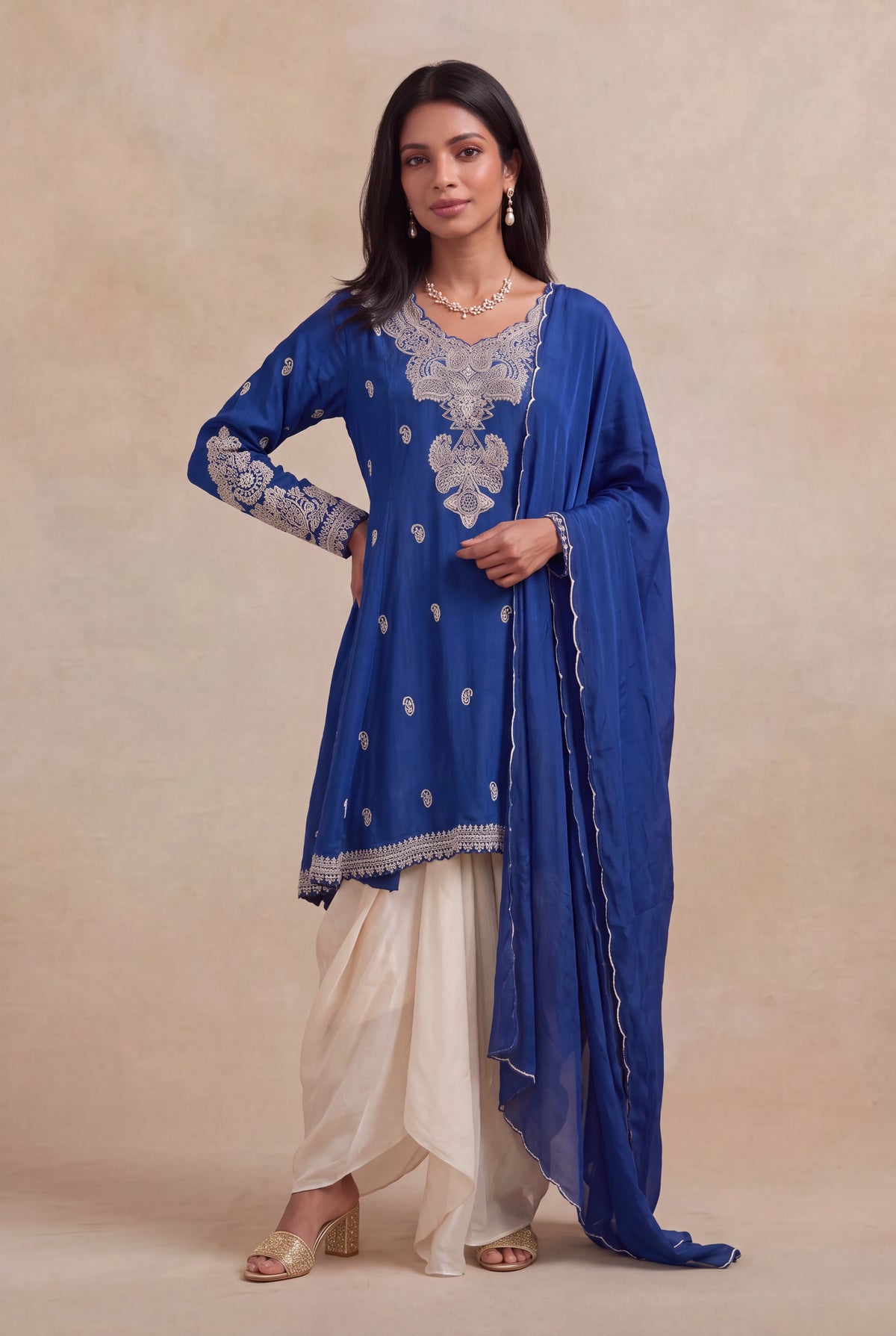 Royal Blue Chinon Indo-Western Set