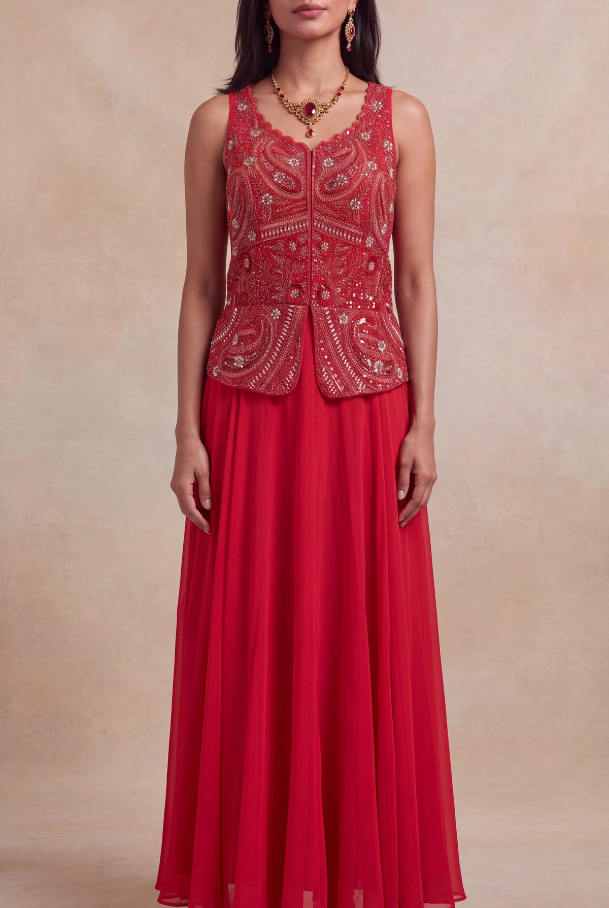 Red Sequins & Katdana Embroidered Jacket Gown