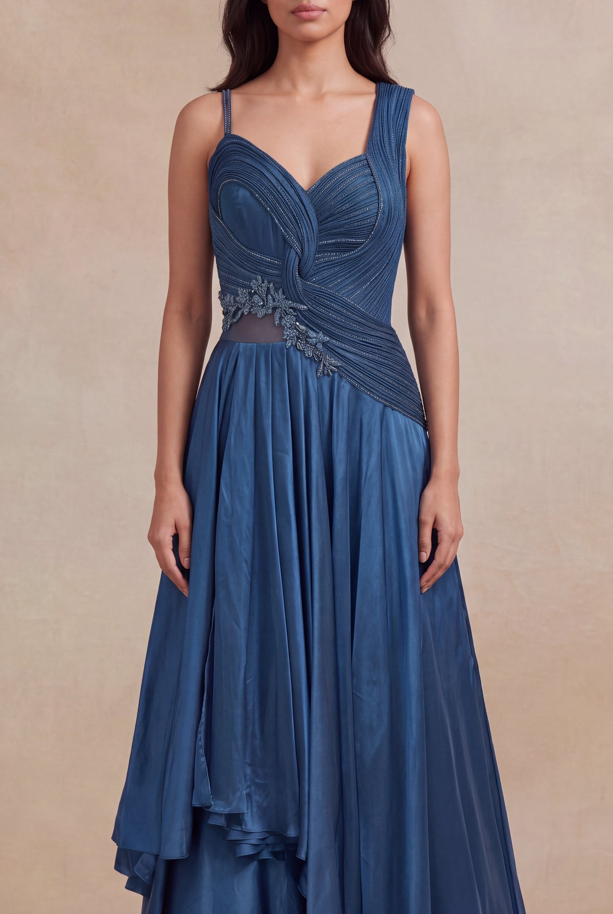 Blue Draped Katdana & Stone Work Designer Gown