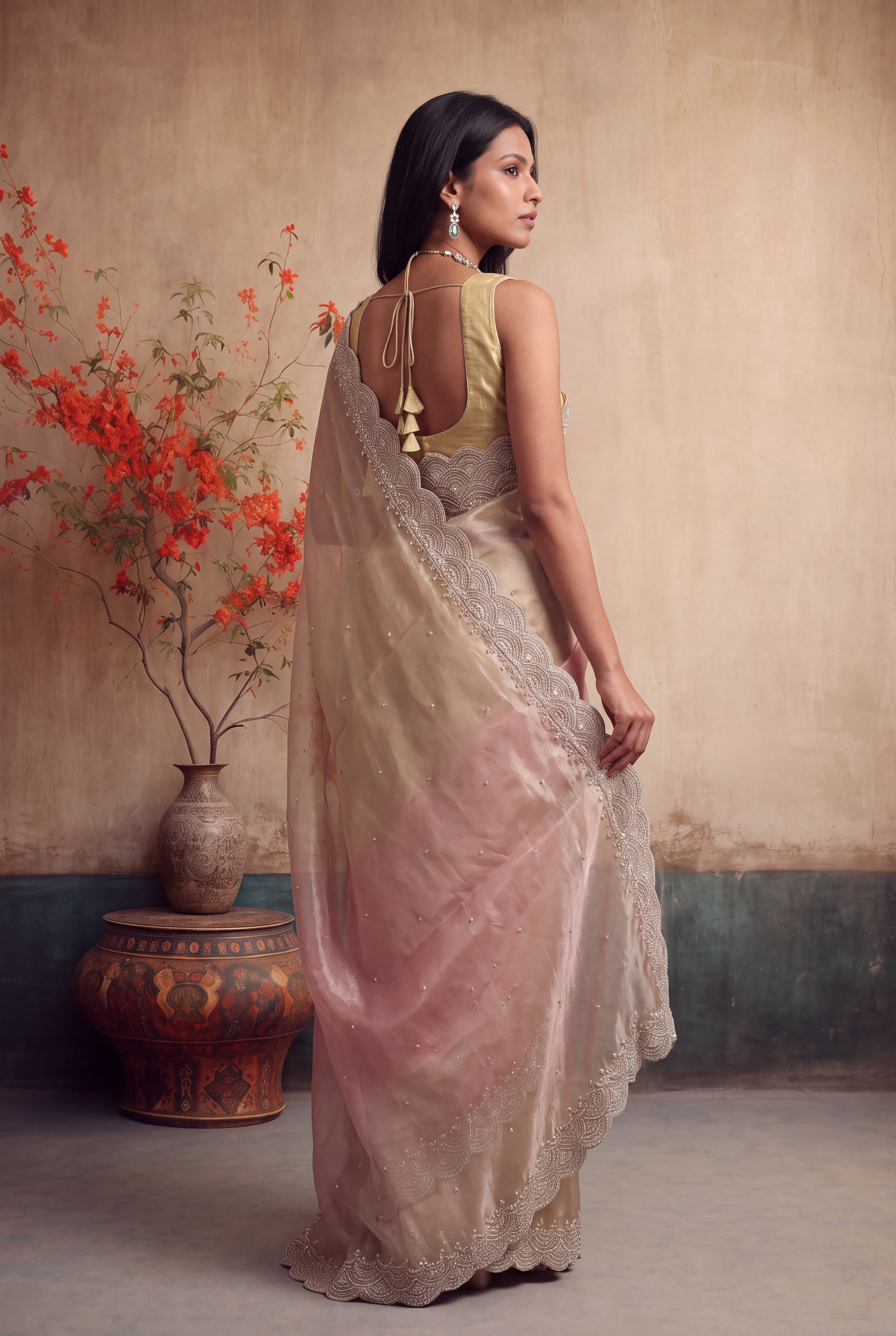 Shaded Glass Tissue Saree with Beaded Scallop Border
