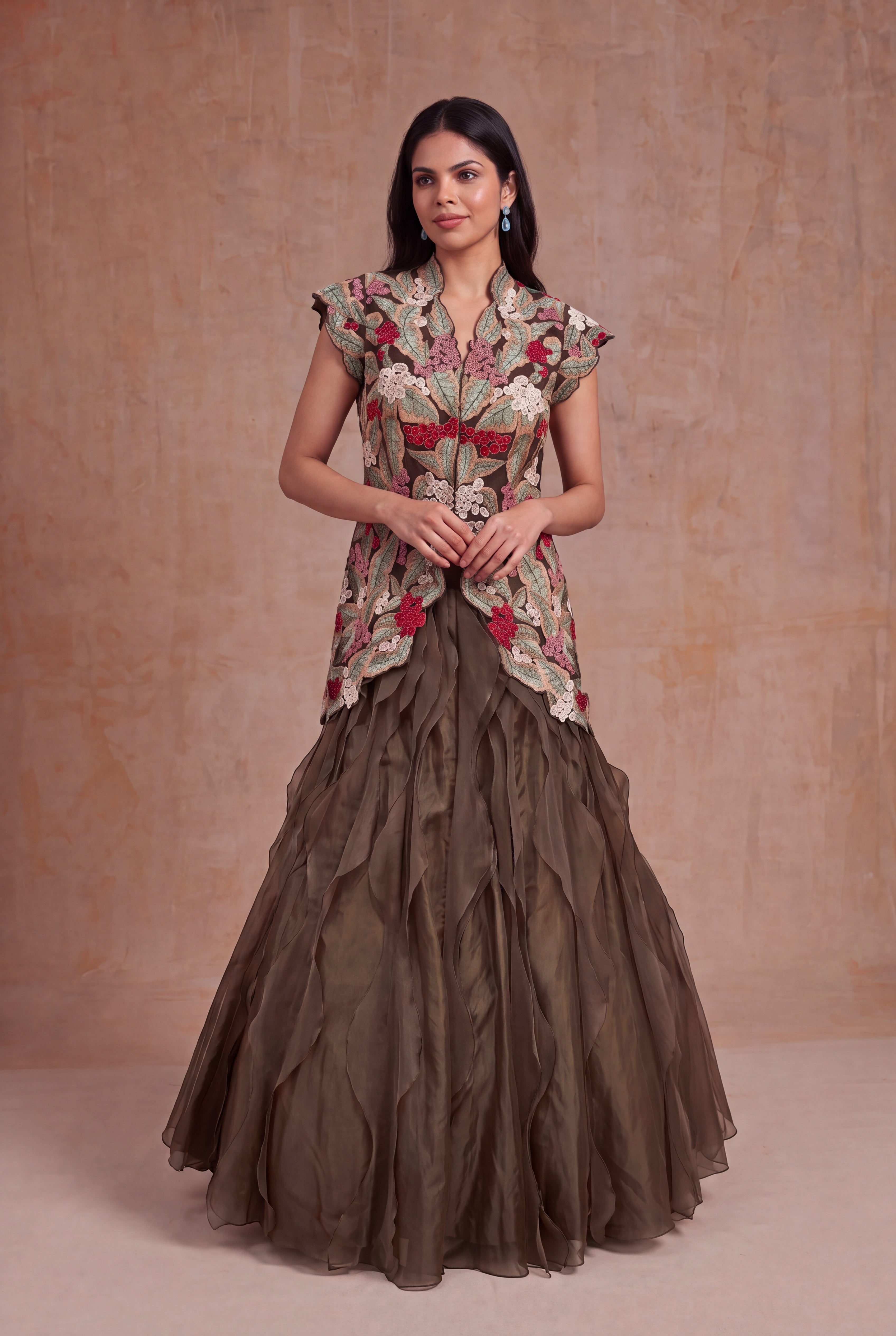 Olive Green Silk & Organza Botanical Embroidery Set
