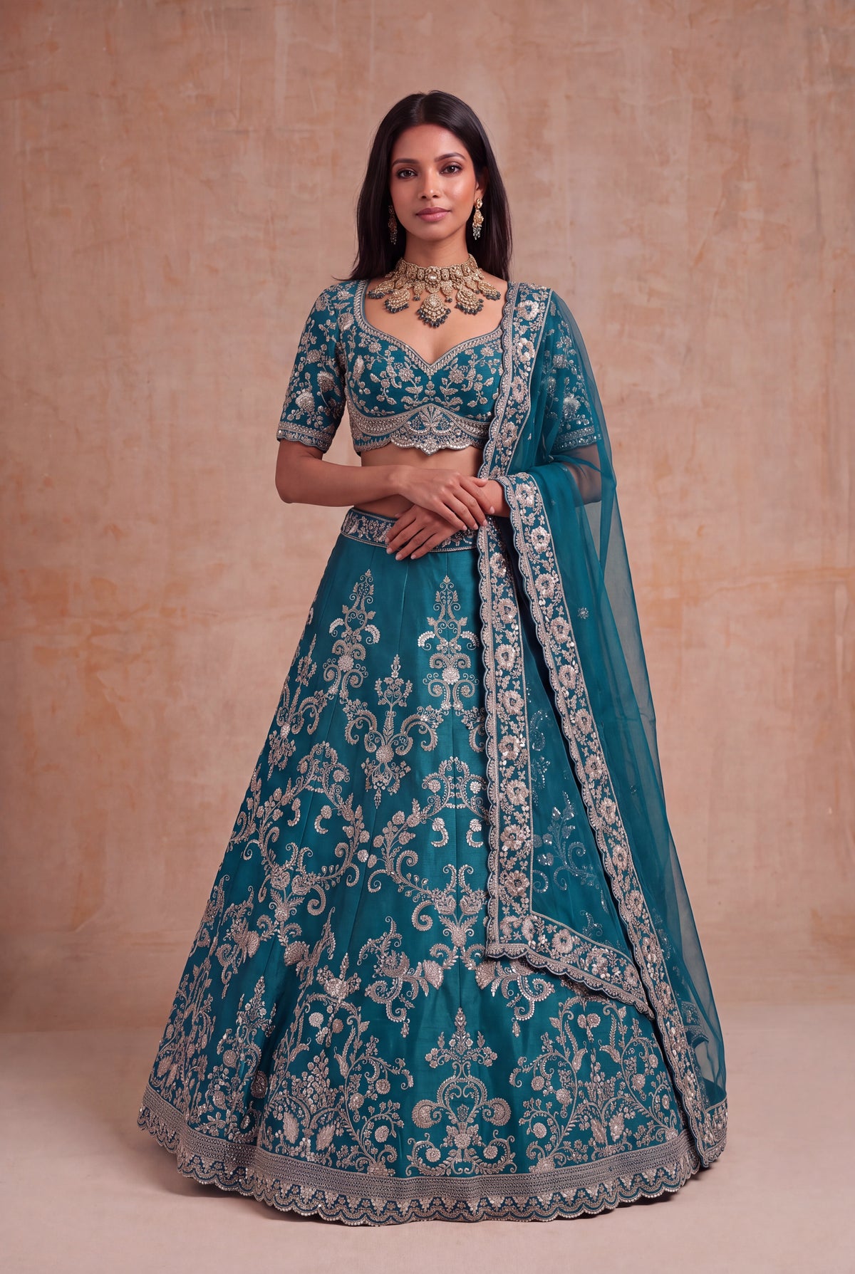 Teal Raw Silk Lehenga