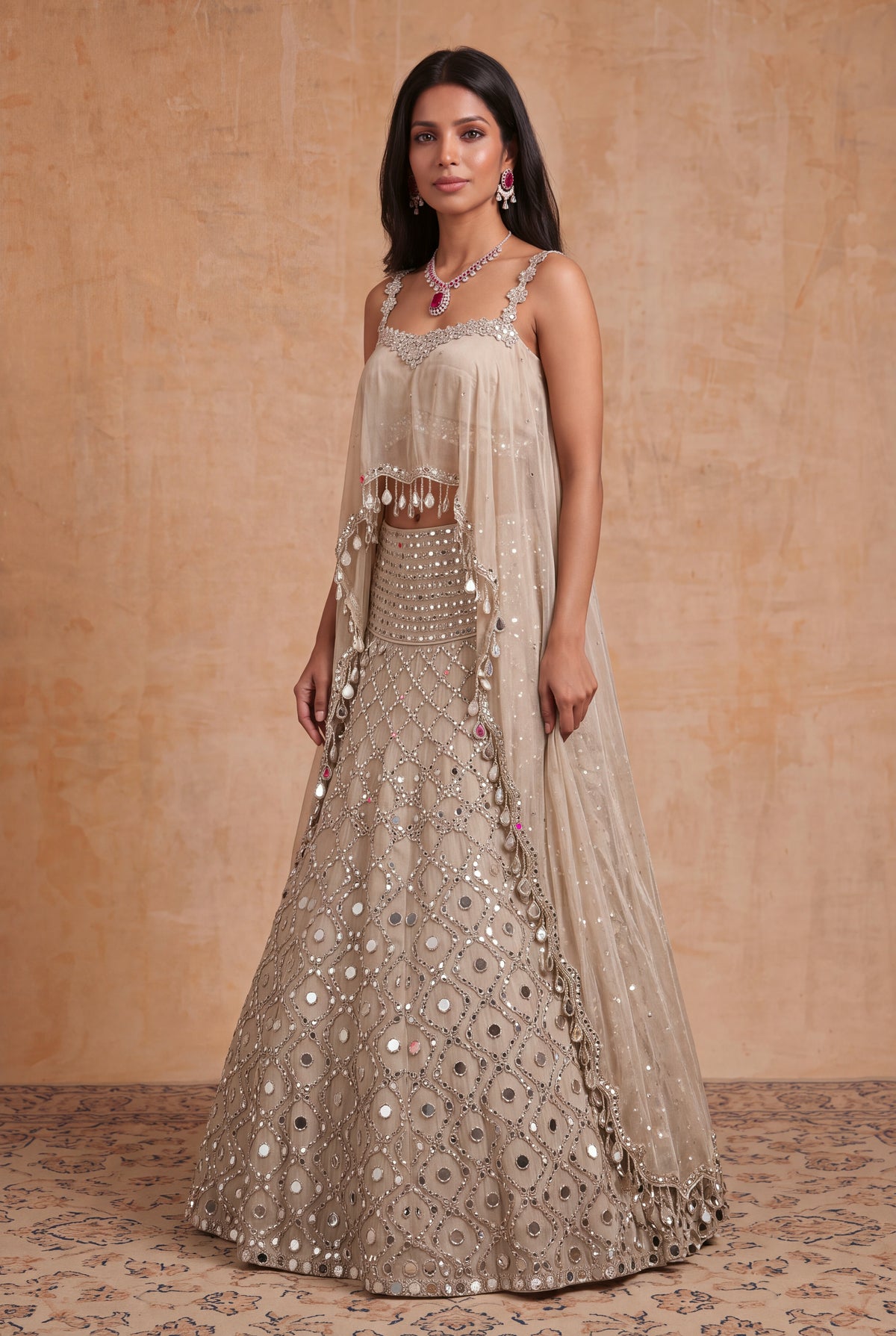 Beige Mirror Work Tissue Lehenga Set