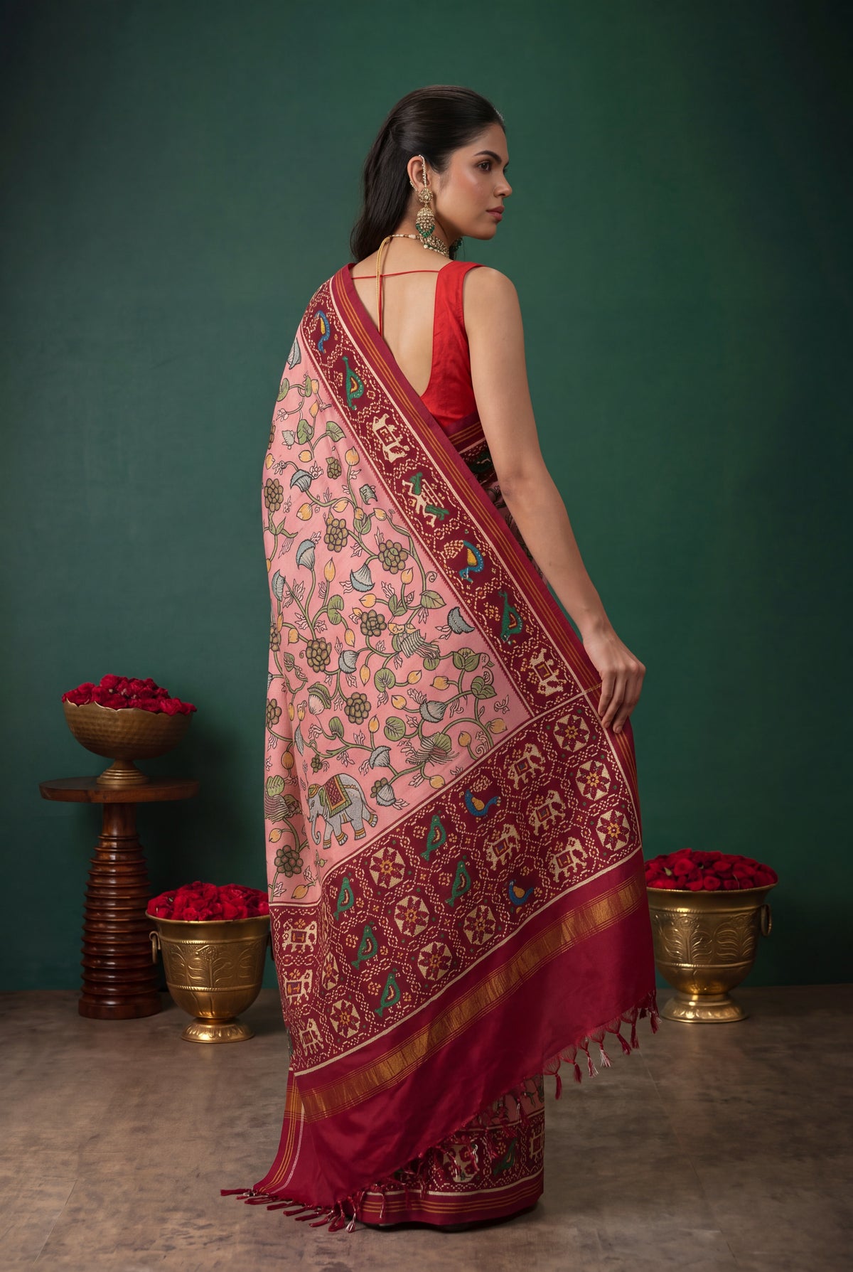 Peach Patan Patola Silk Kalamkari Saree
