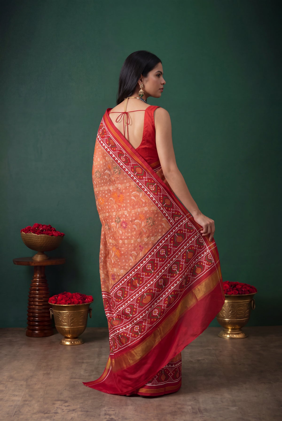 Peach Kora Silk Jamdani Saree