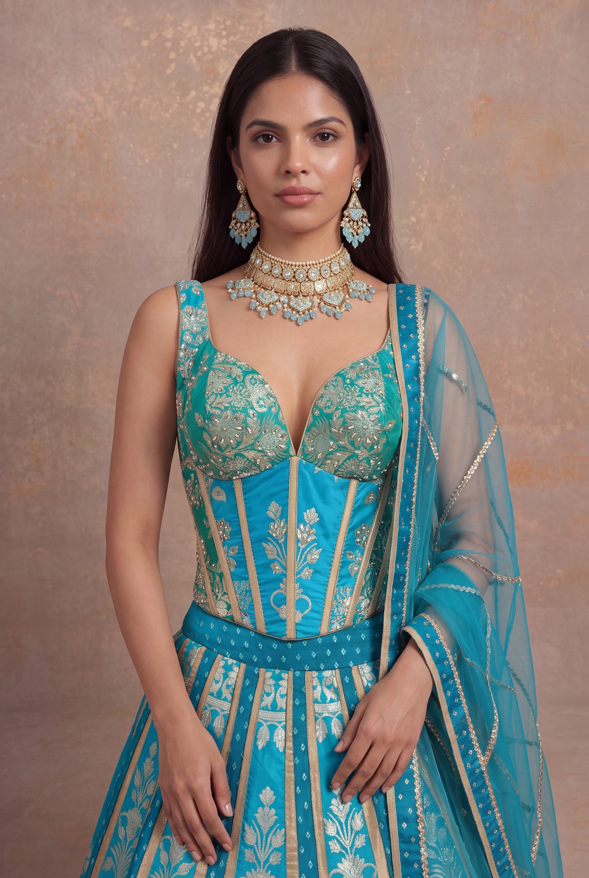 Turquoise Teal Ombre Banarasi Silk Lehenga Set