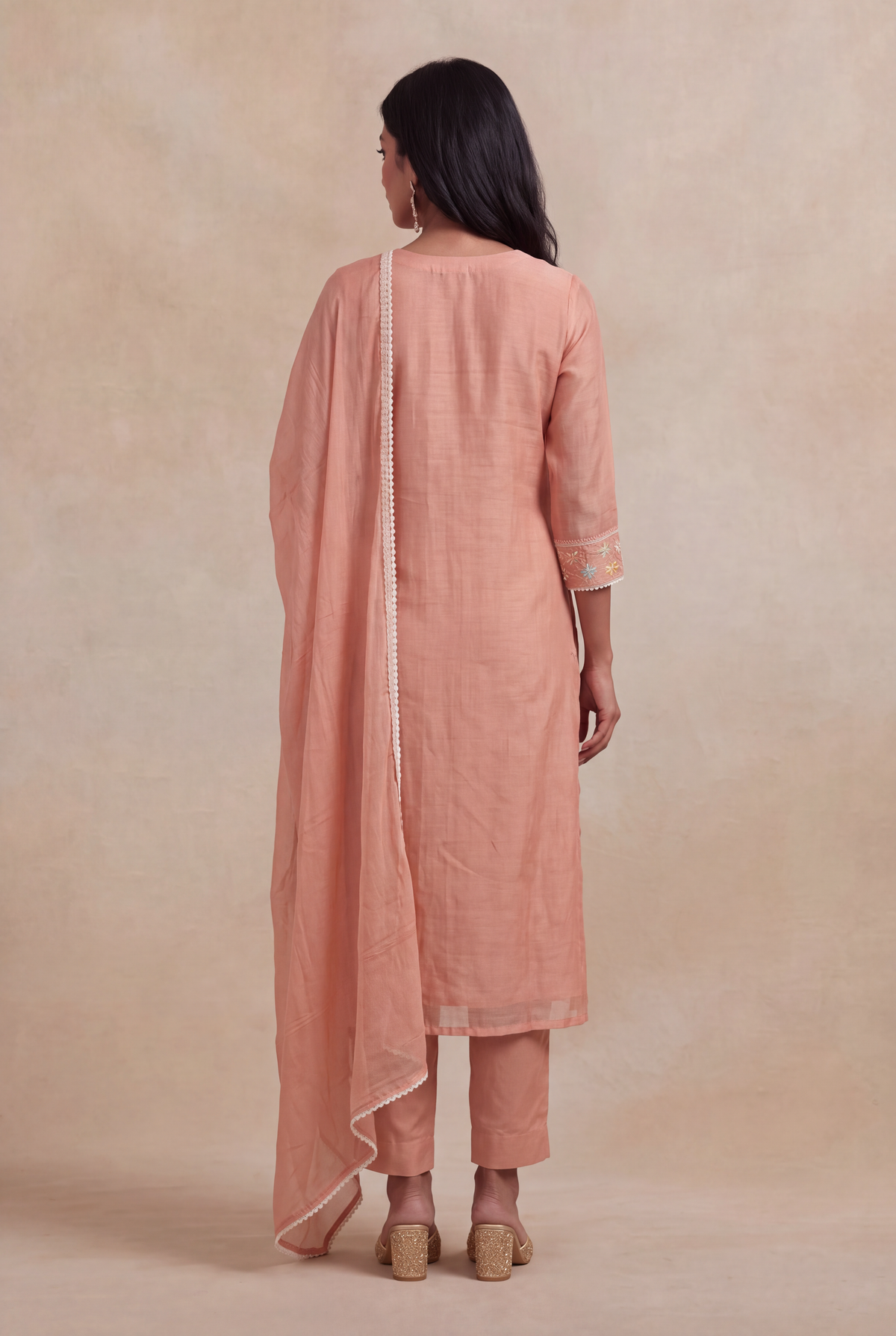 Peach Mul Cotton Embroidered Kurti Set