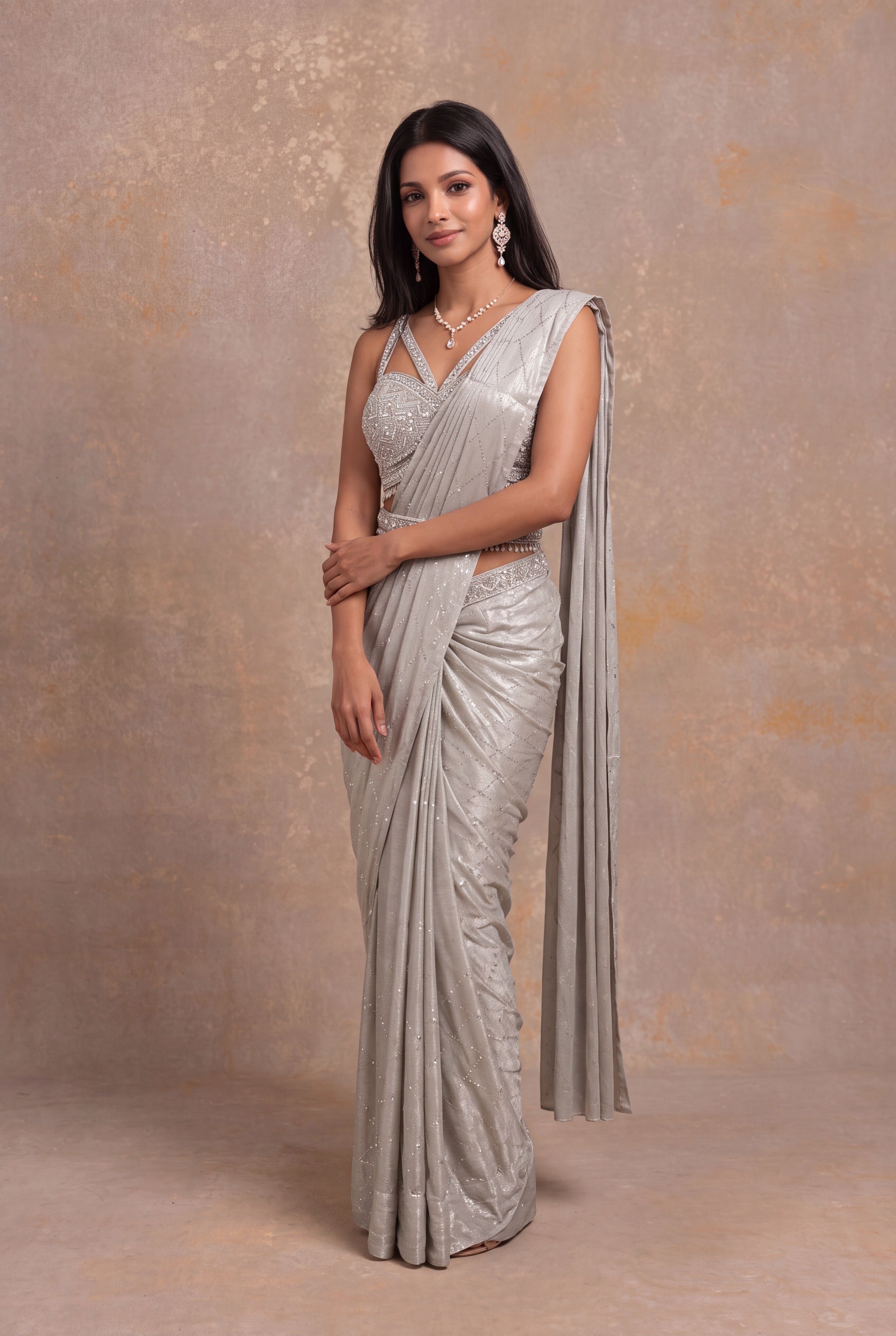 Silver Shimmer Pre-Draped Saree
