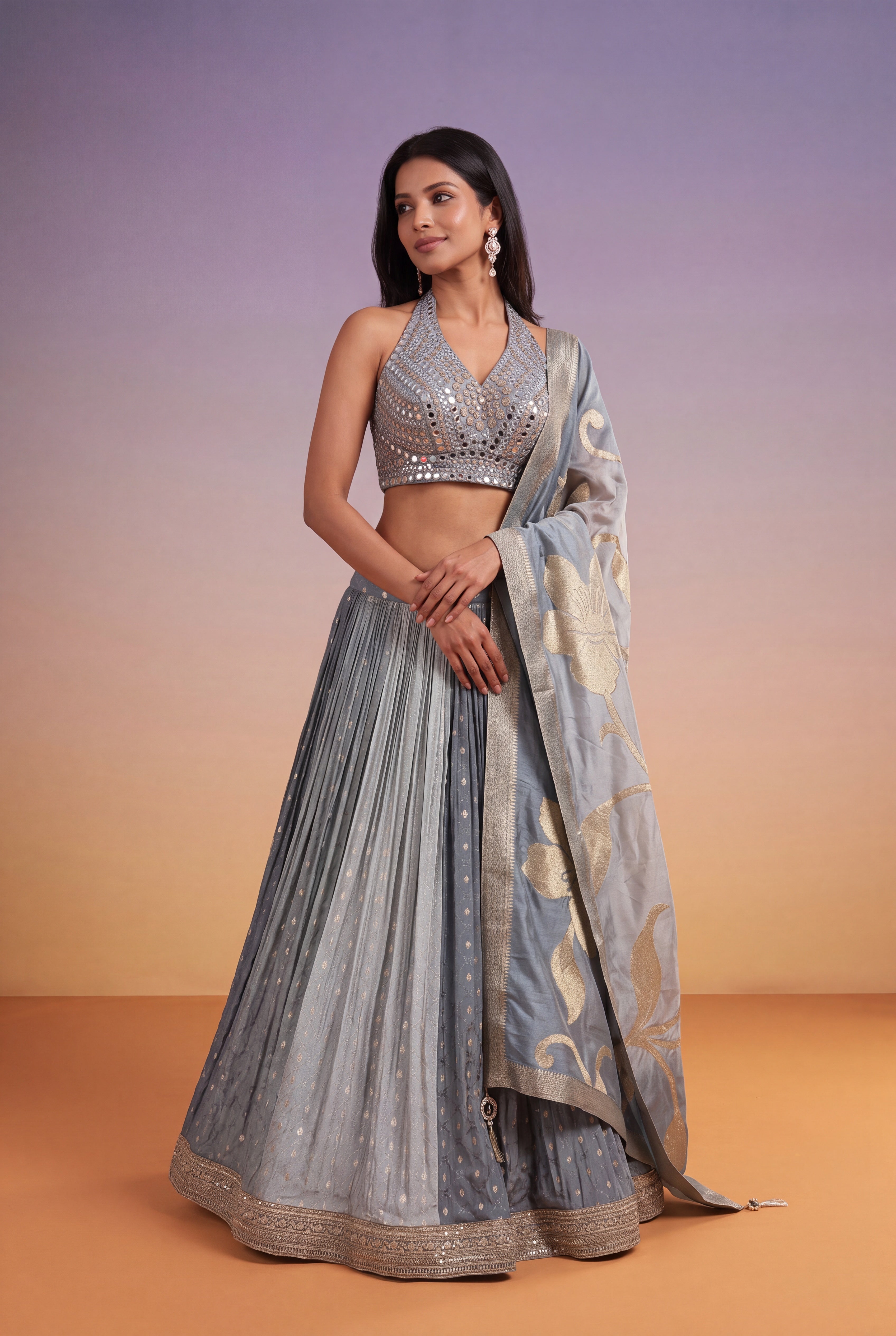 Dusty Blue Lehenga with Mirror Work Blouse