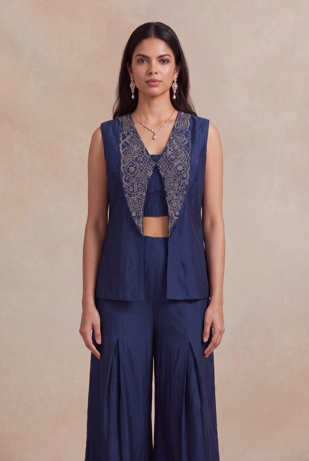Navy Blue Silk Indo-Western Palazzo Set - Mokshaa