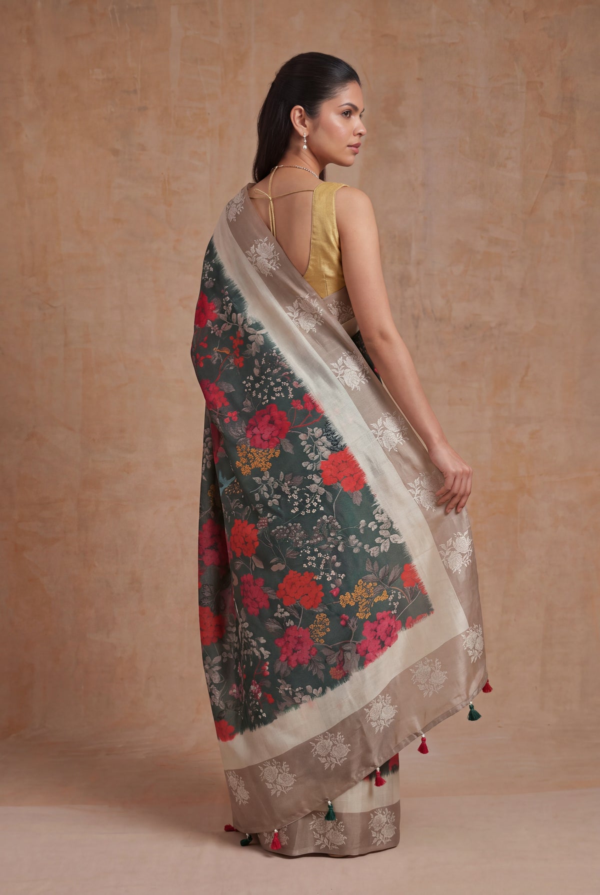 Dark Green Tussar Silk Saree