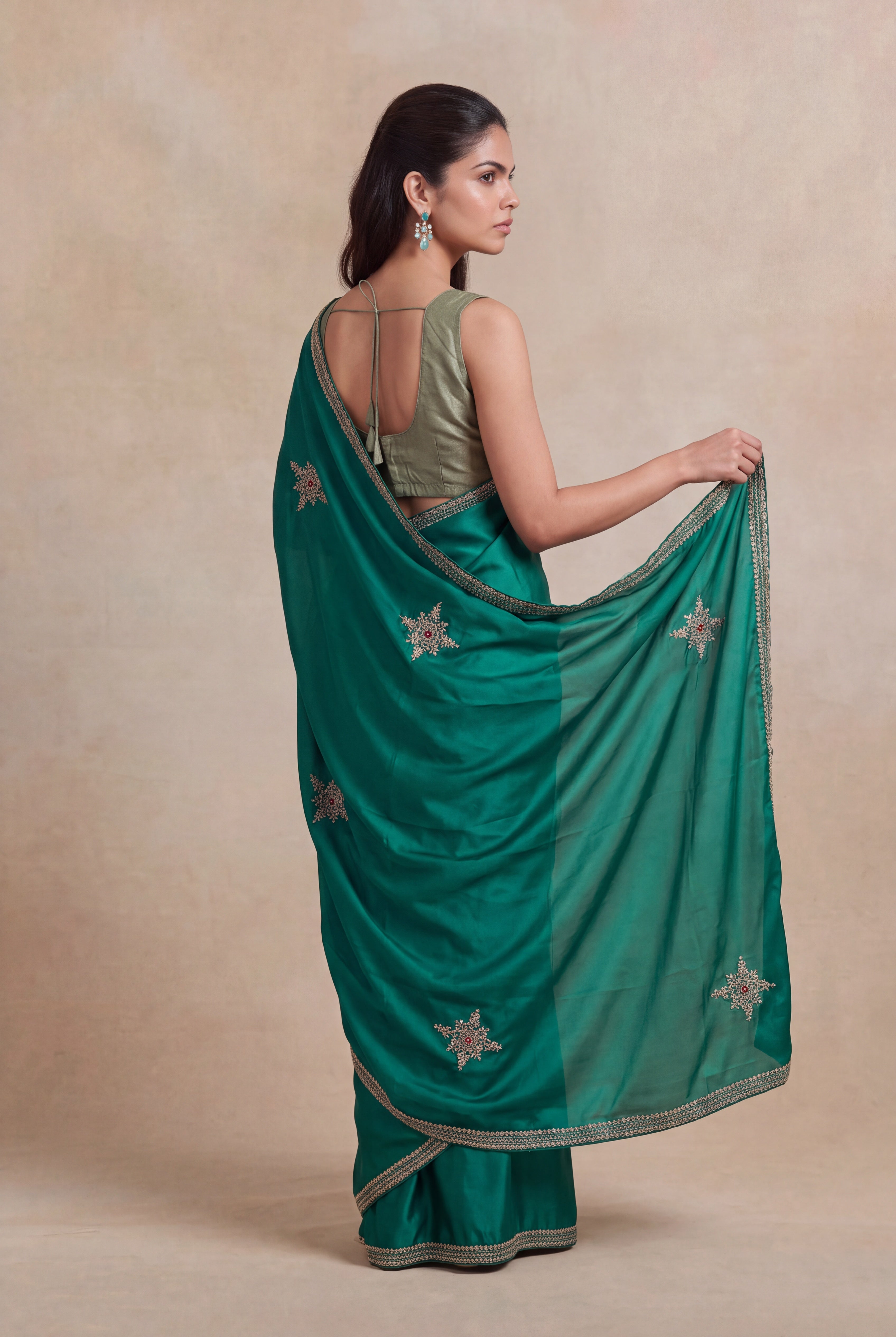 Emerald Green Satin Zardozi Butta Saree