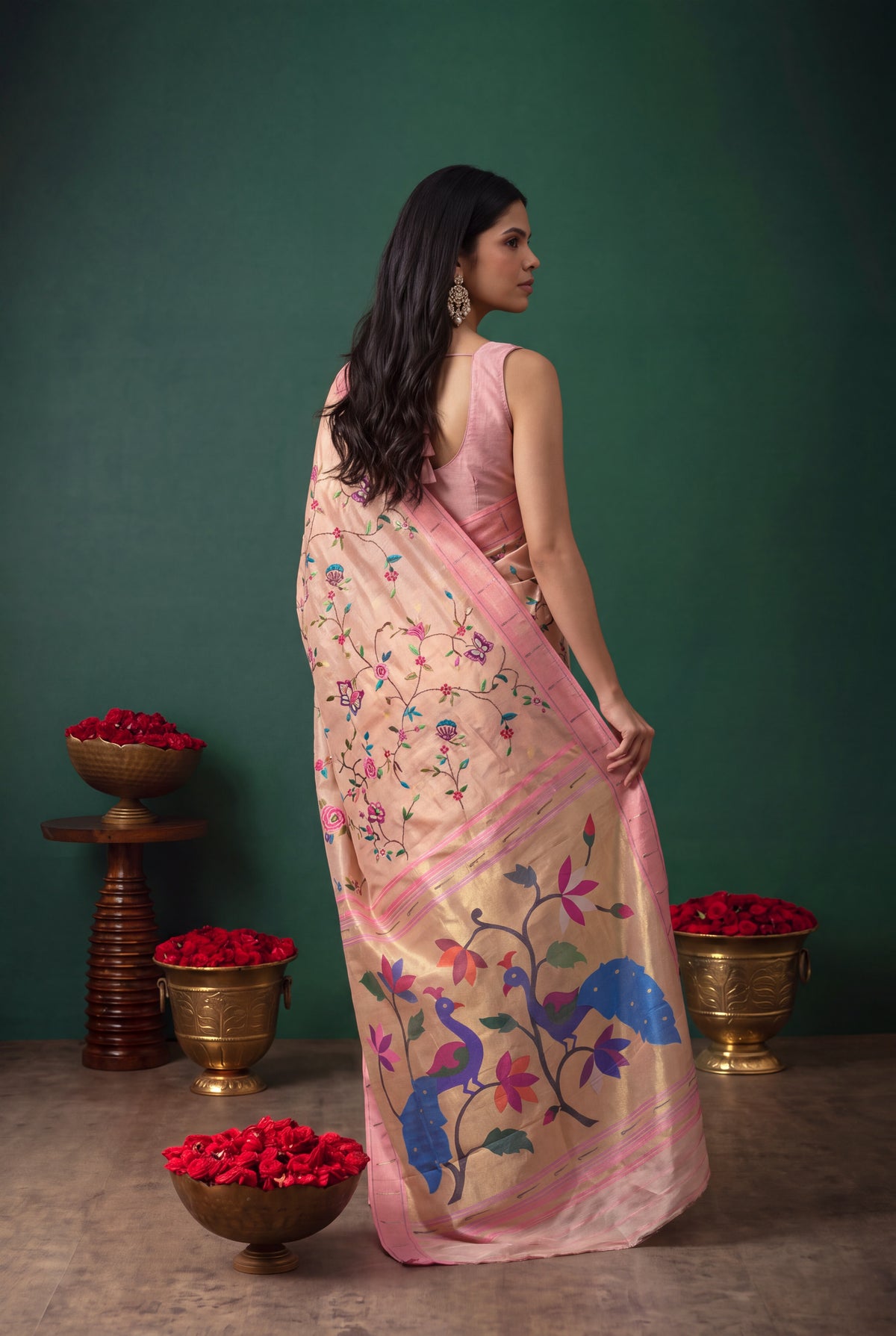 Peach Tissue Paithani Saree with Convent Embroidery and Contrast Pink Border