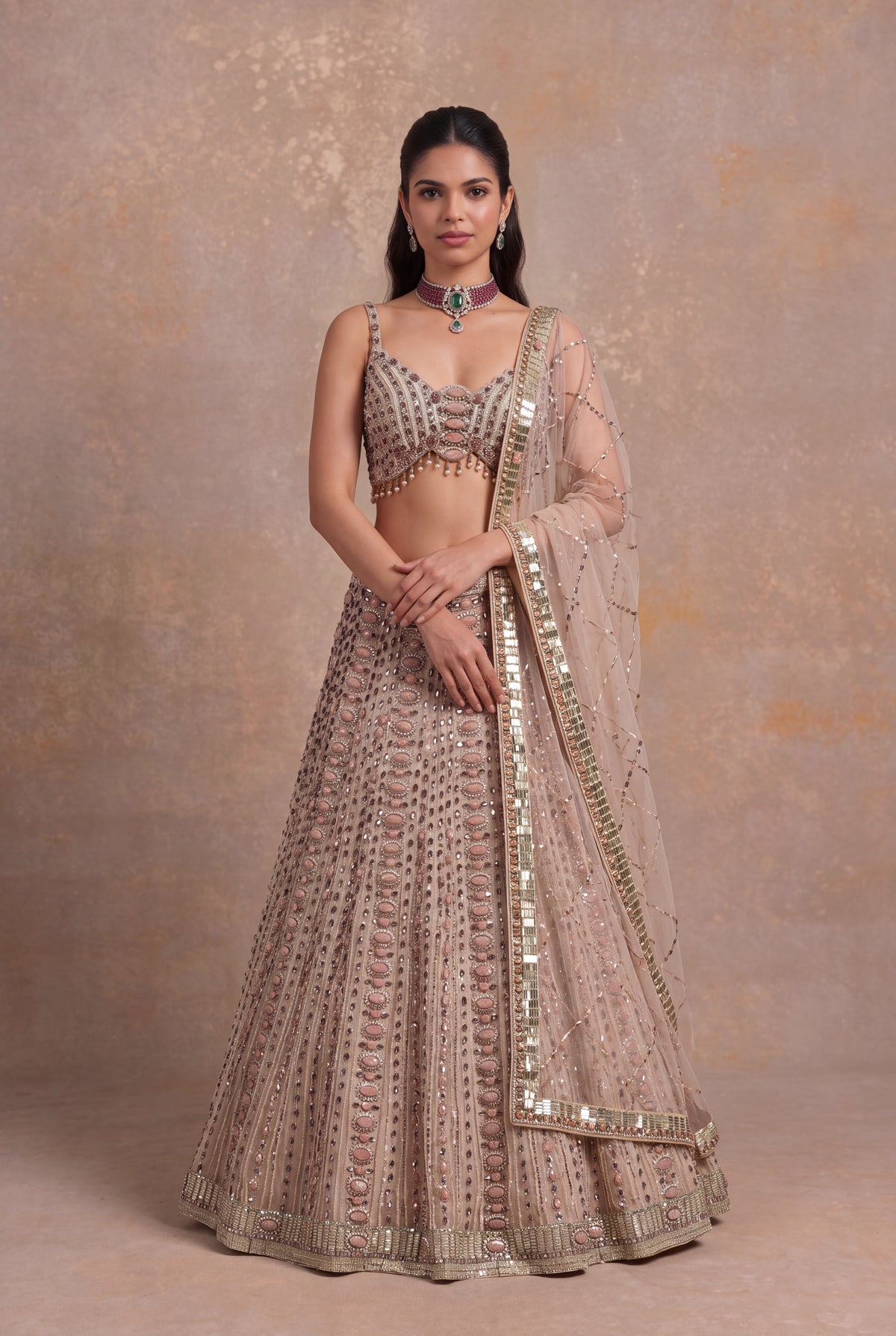 Light Peach Silk Lehenga Set with Stone and Pearl Embroidery