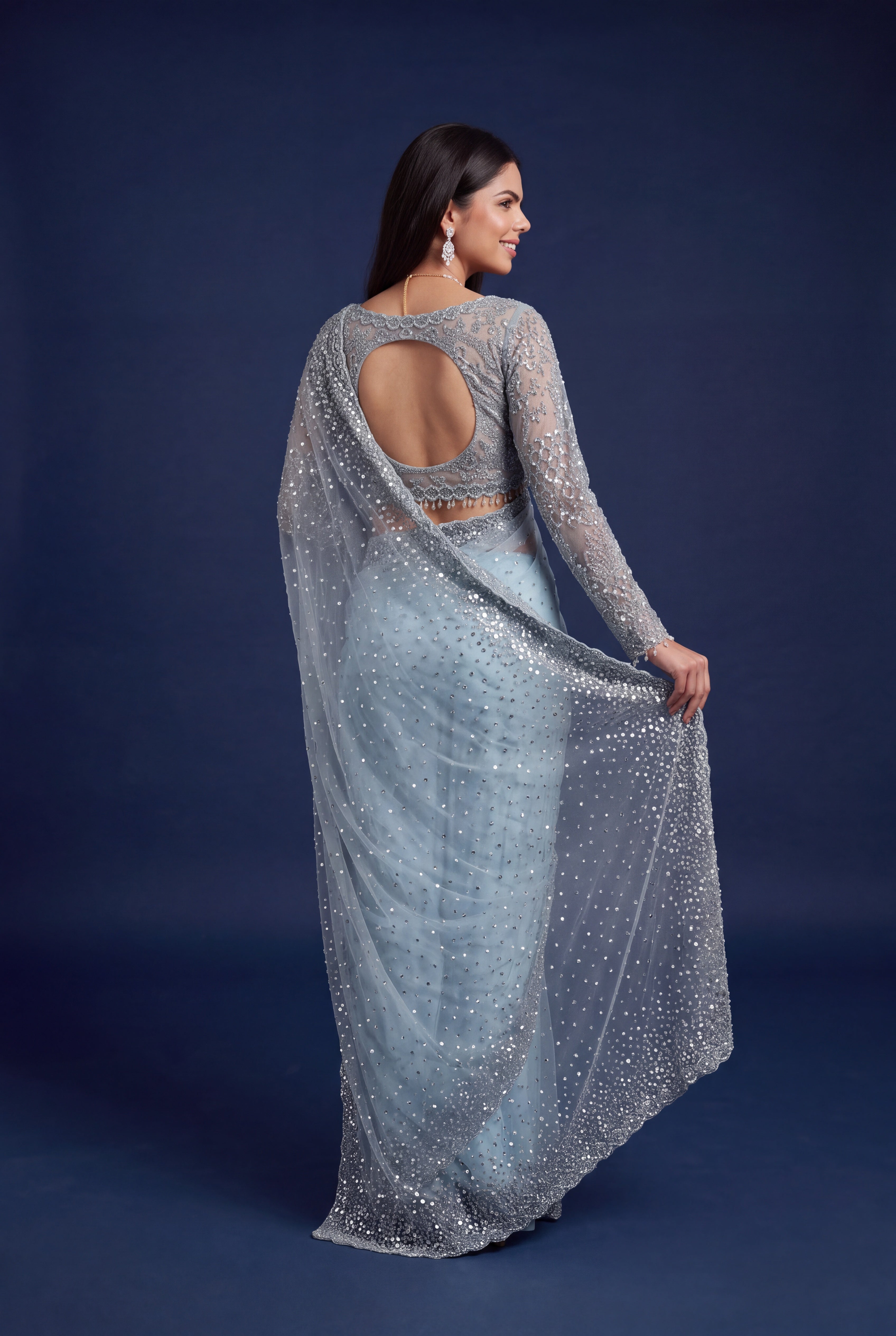 Ice Blue Net Designer Saree