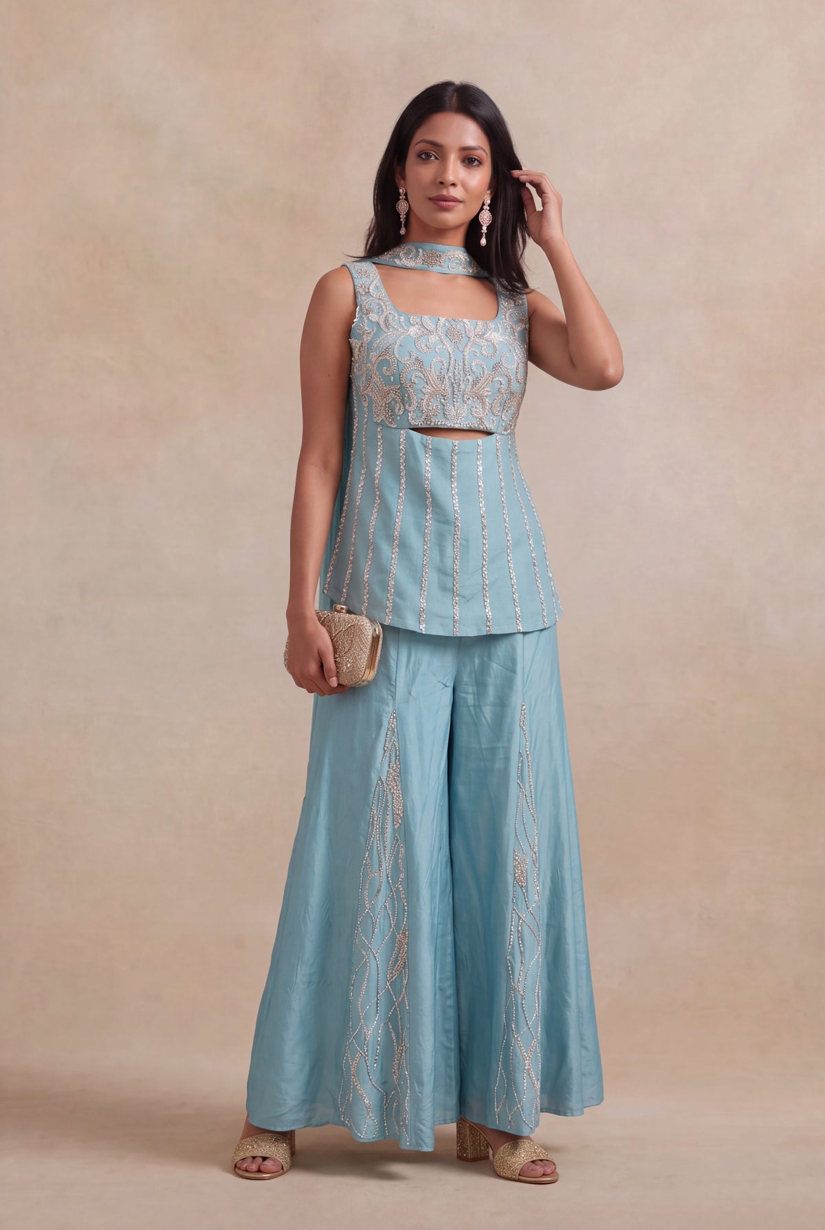 Powder Blue Crepe Palazzo Set with Sequins & Katdana Work