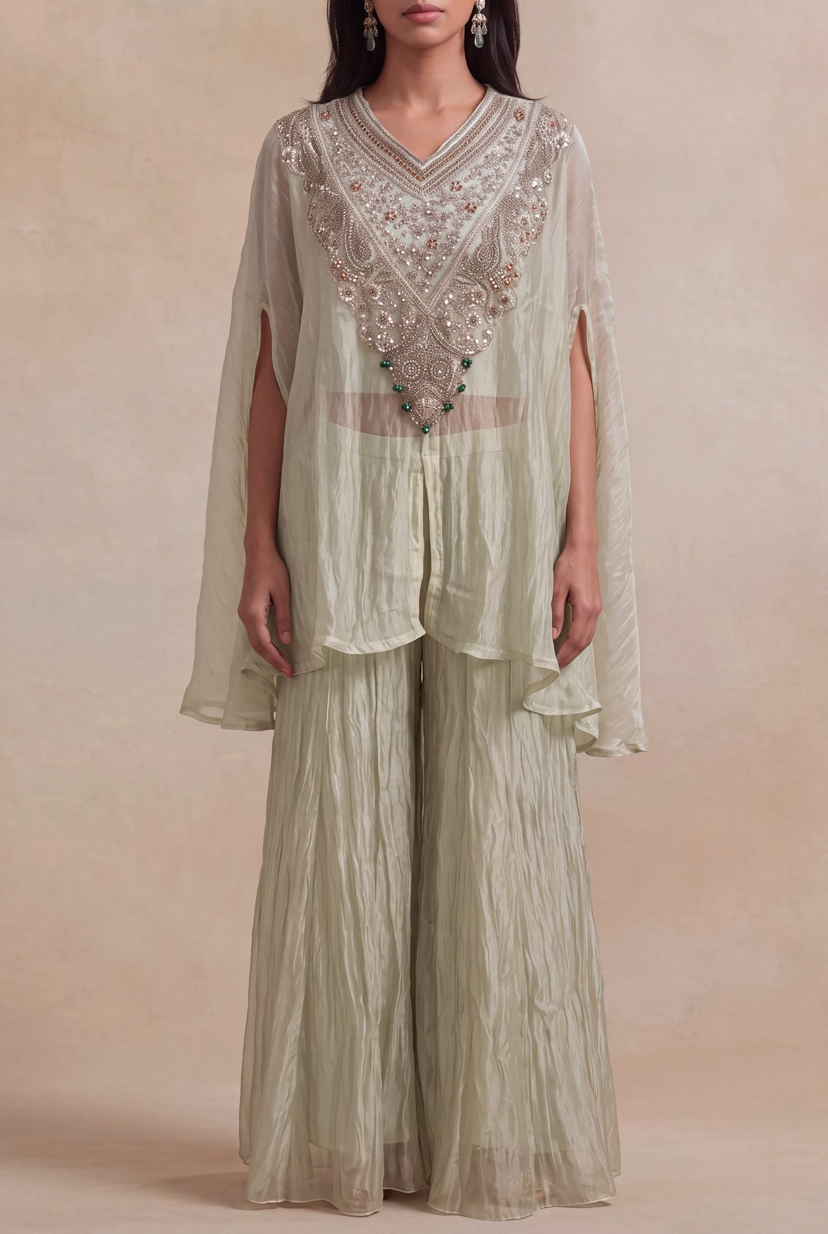 Sage Green Crush Tissue Zardozi Cape Set