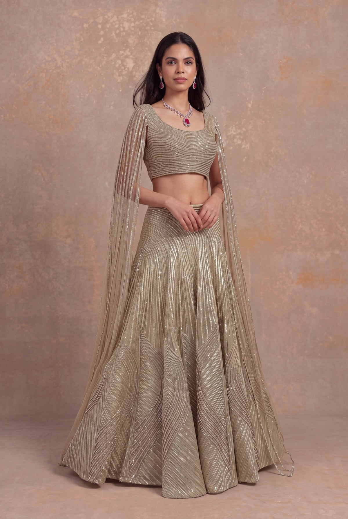 Gold Organza Lehenga with Attached Dupatta Blouse
