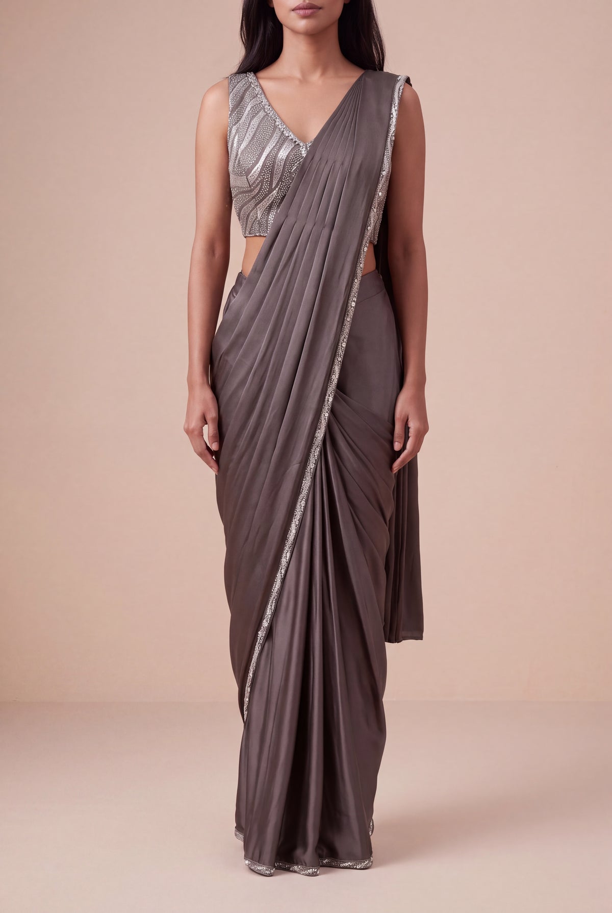 Charcoal Grey Satin Silk Pre-Draped Saree