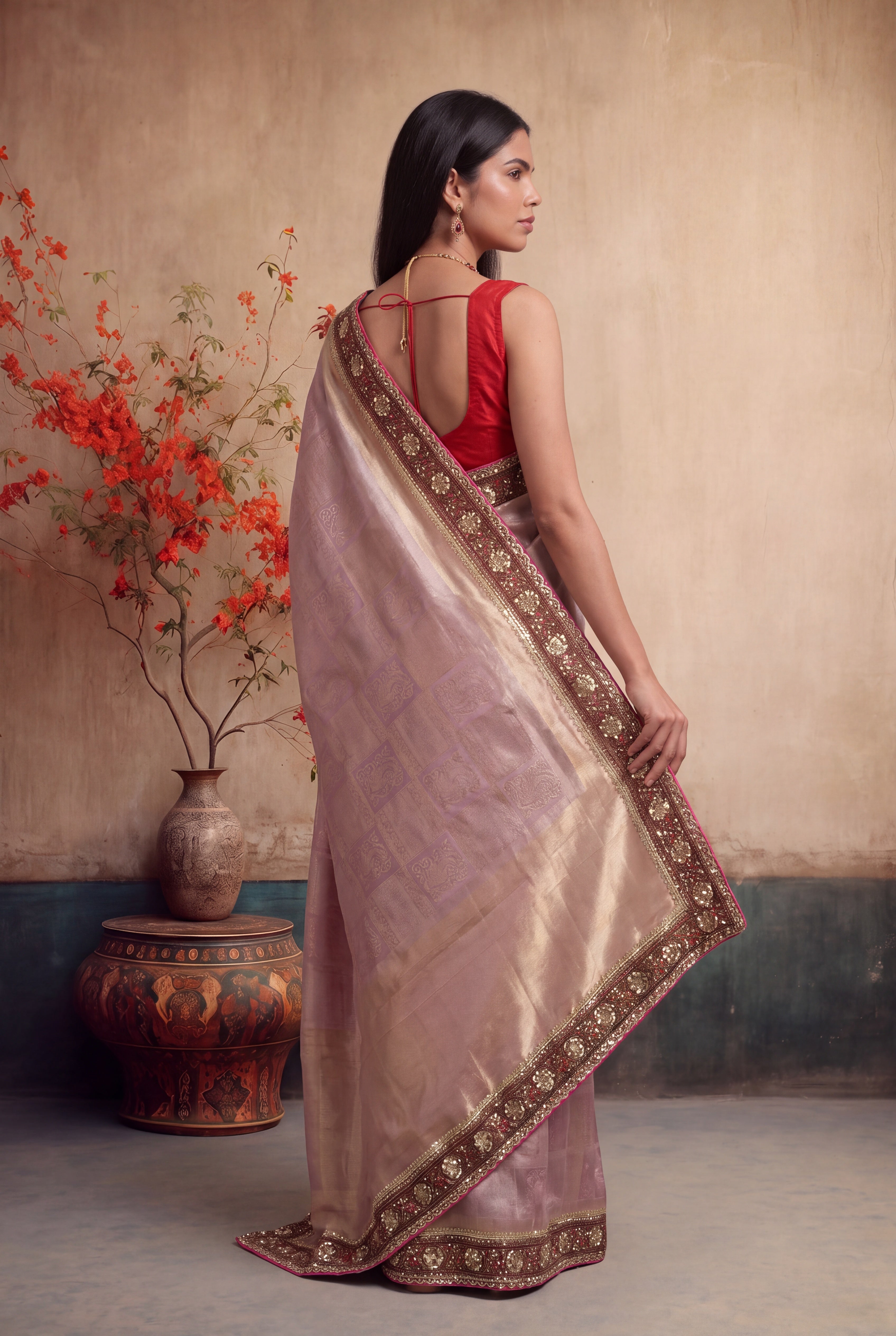Mauve Pink Zardozi Scallop Border Saree