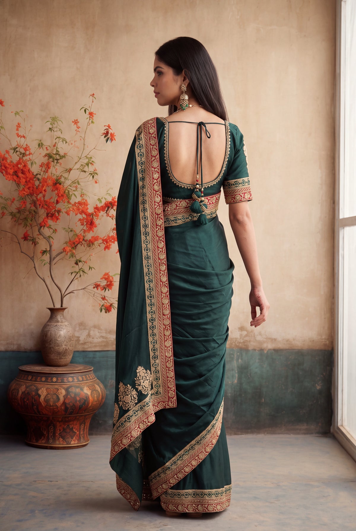 Bottle Green Satin Silk Saree