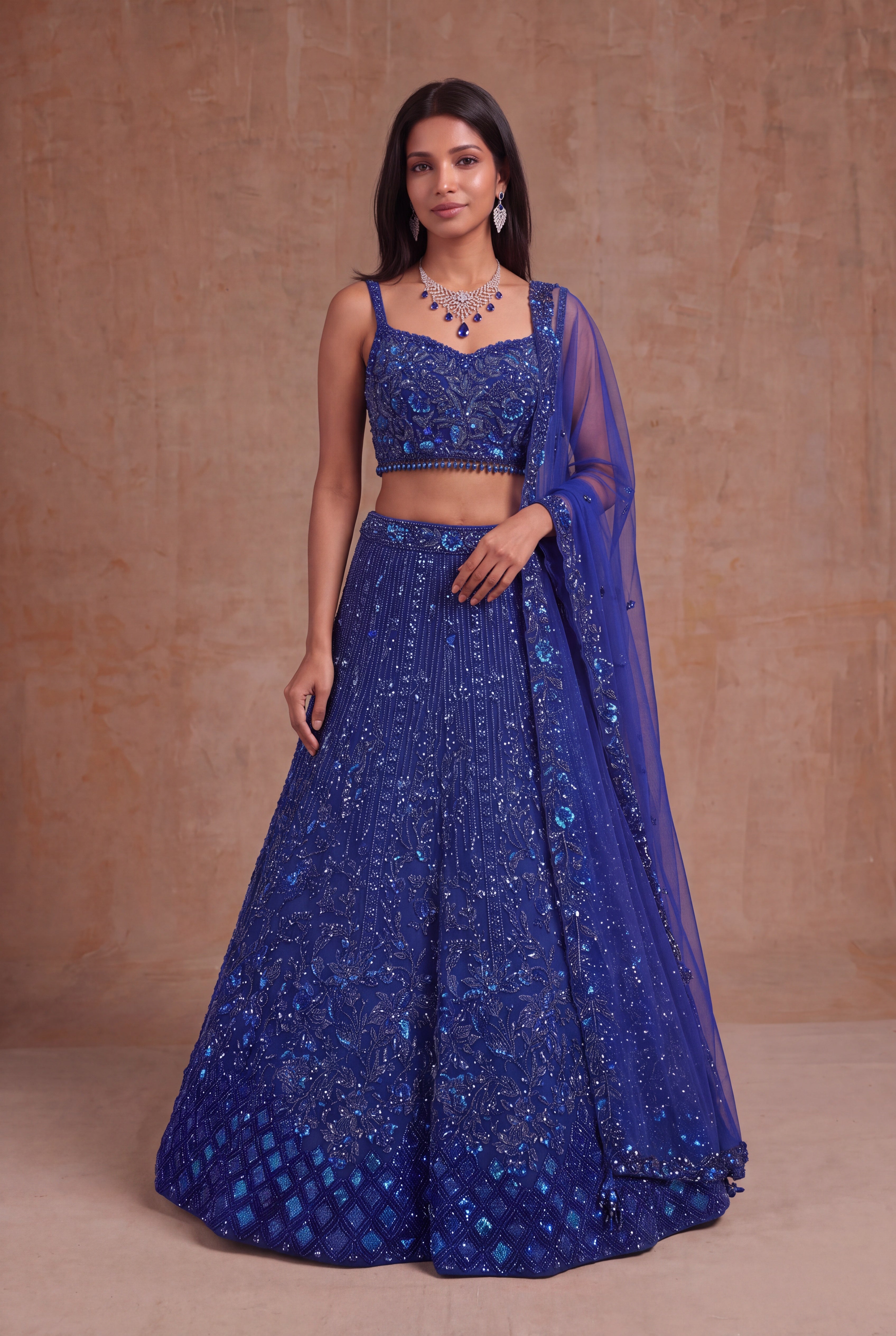 Royal Blue Net Lehenga with Sequin, Kutdana & Stone Embroidery